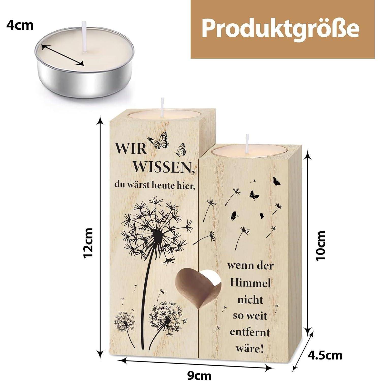 Zwei Holzkerzenhalter mit Löwenzahndesign und deutschem Text. Ein Kerzenhalter trägt die Aufschrift 
