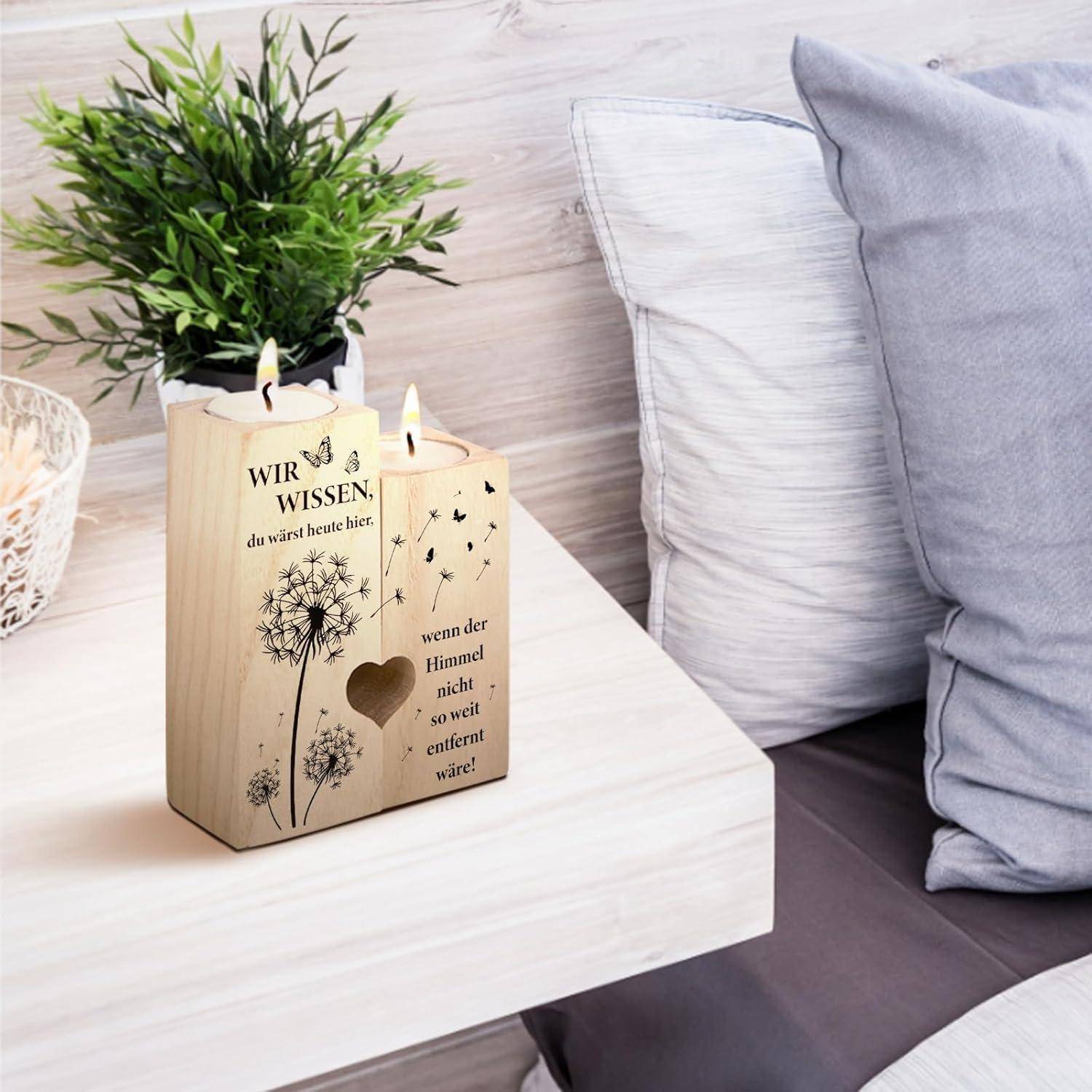 Ein Holzkerzenhalter mit dem Text 