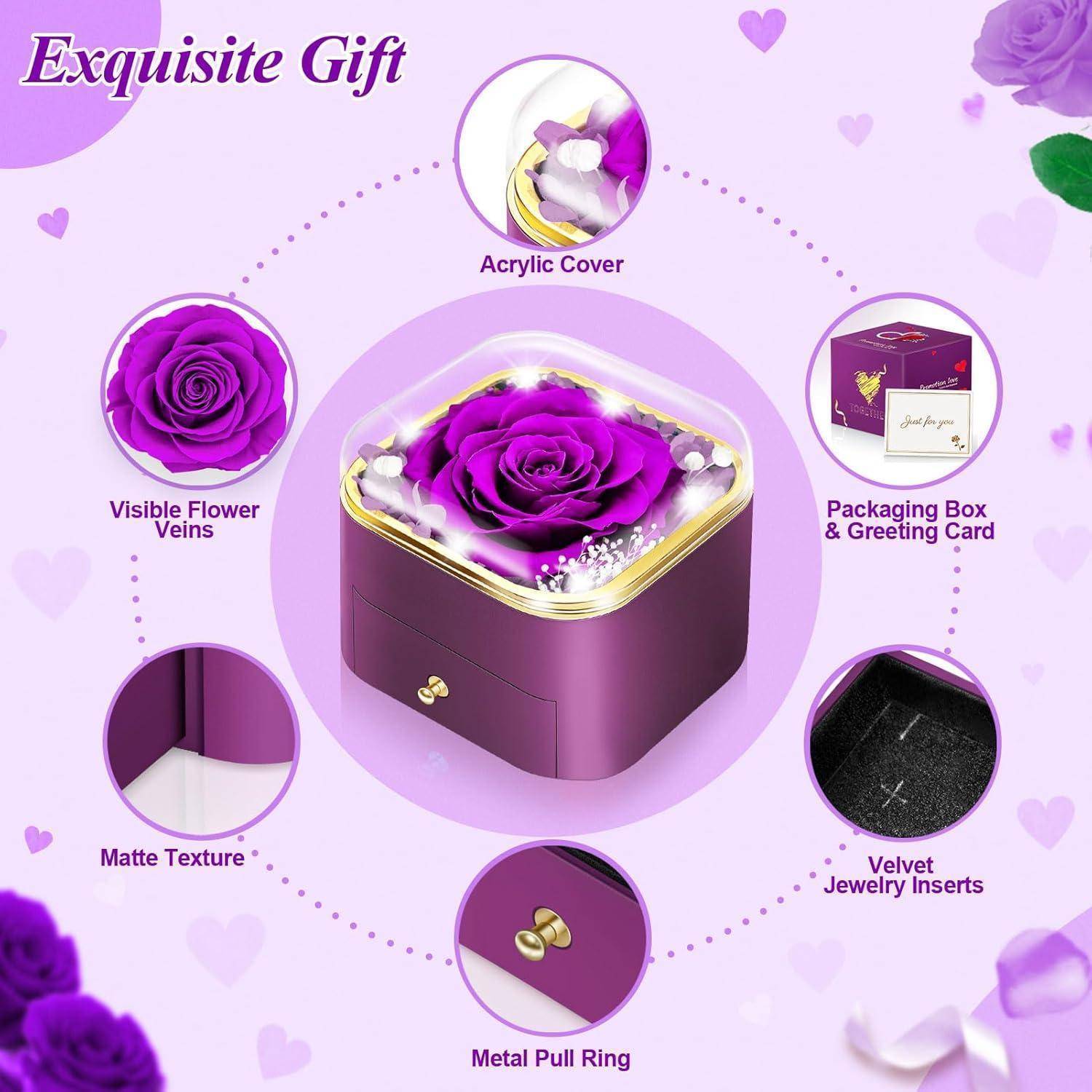Exquisite Gift-Collage mit einer violetten Rose in einer mit Acryl überzogenen Box, die Details wie sichtbare Blumenblattadern, samtartige Schmuckeinsätze und einen Metallzugring aufweist.