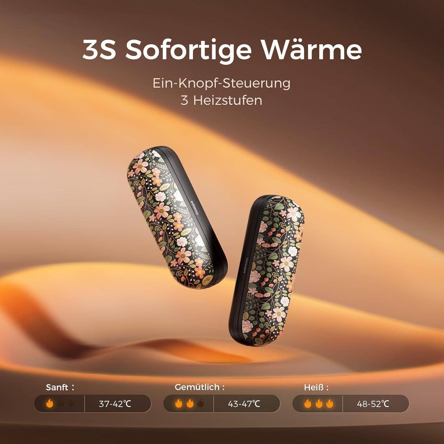 Wärmegerät '3S Sofortige Wärme' mit floralem Design. Ausgestattet mit Einknopf-Steuerung und drei Wärmeeinstellungen: 'Sanft' 37-42°C, 'Gemütlich' 43-47°C, 'Heiß' 48-52°C.