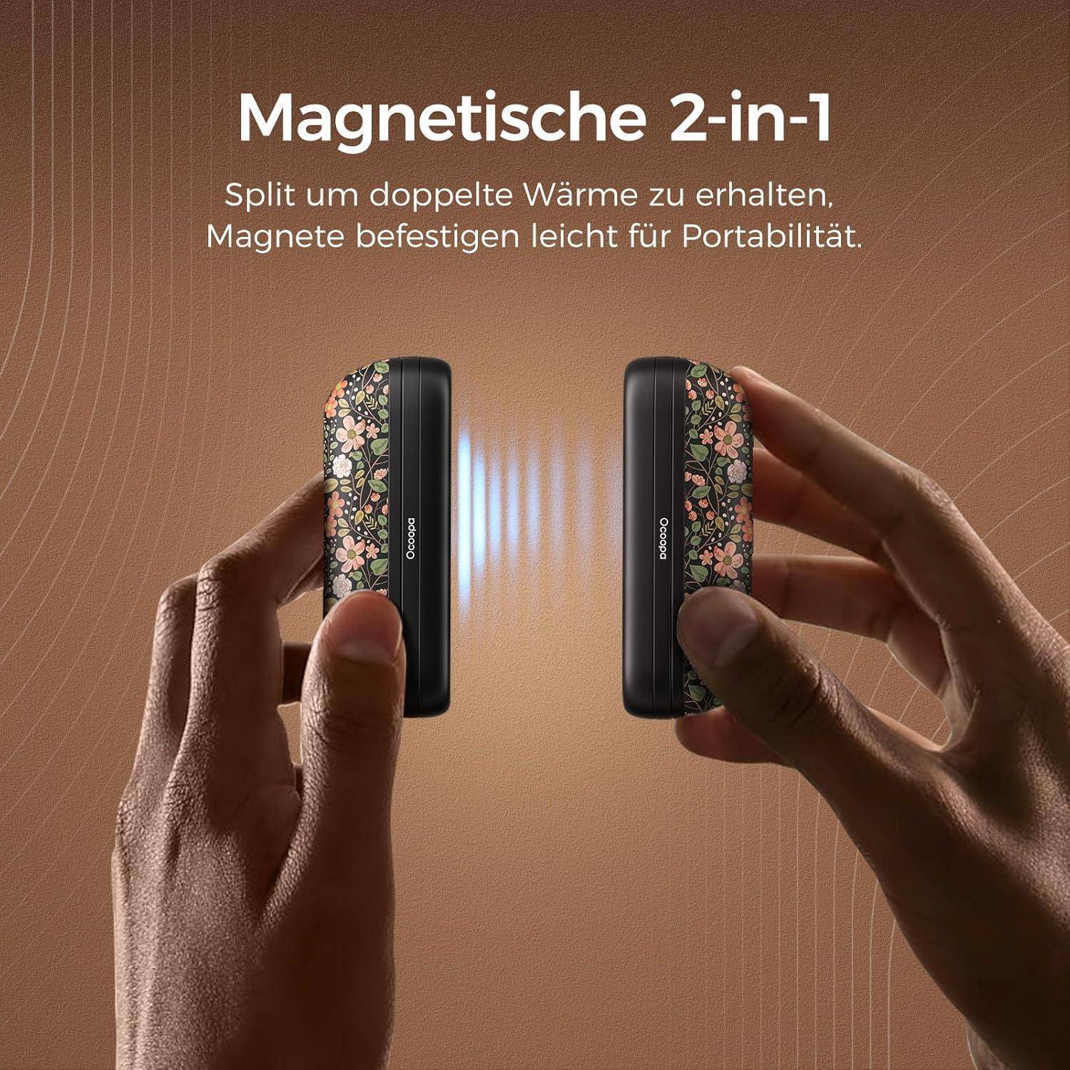 Zwei Hände trennen ein magnetisches Gerät mit Blumenmustern, gekennzeichnet als ‚Magnetische 2-in-1', wobei dessen Tragbarkeit und doppelte Wärmefunktion betont werden.