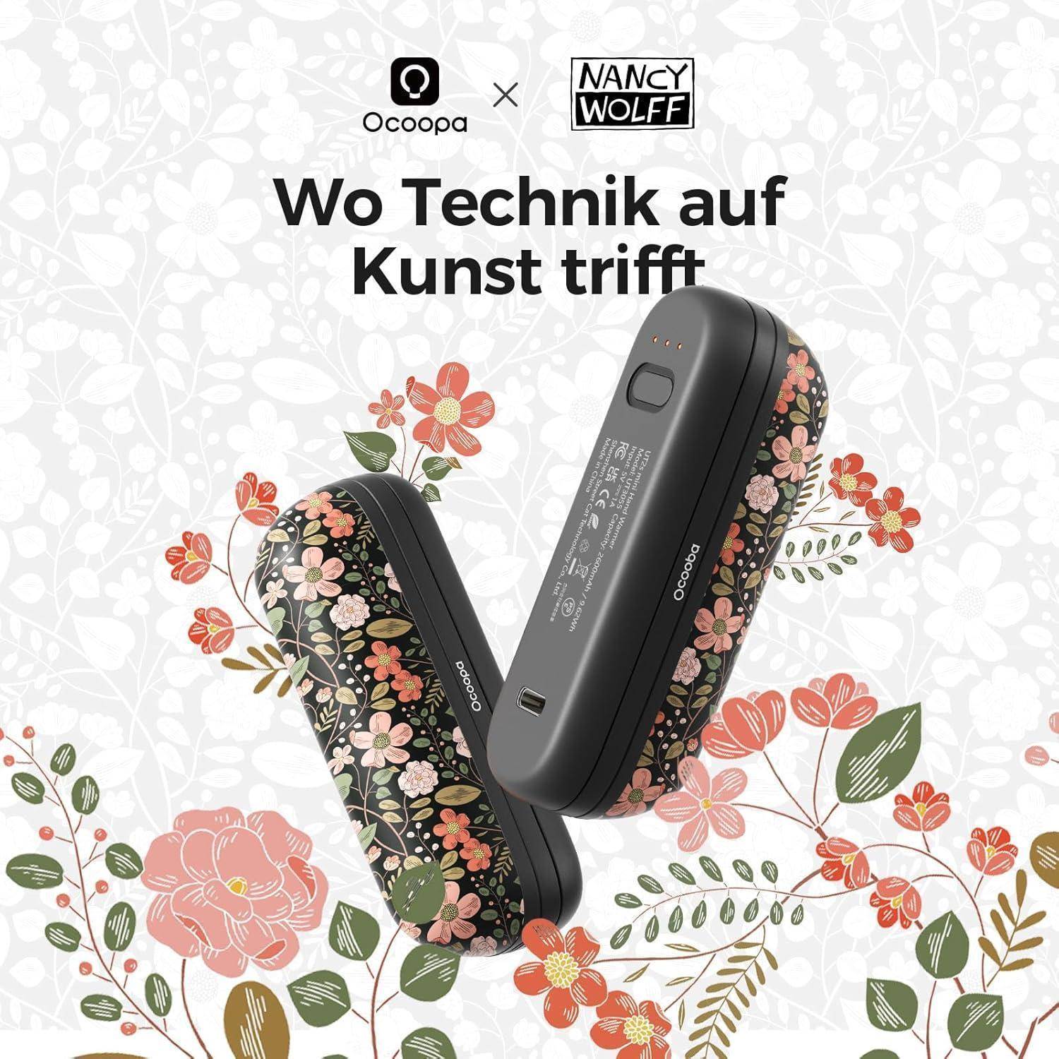 Ocoopa x Nancy Wolff' Elektronisches Gerät mit Blumenmuster und dem Text 'Wo Technik auf Kunst trifft'. Blumiger Hintergrund.