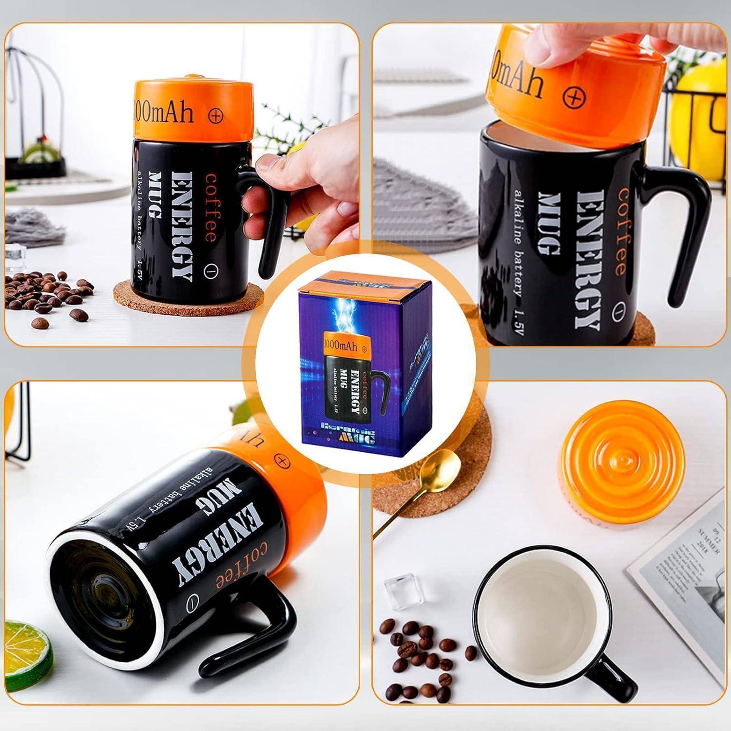 Vier Bilder, die eine schwarze, selbstrührende Kaffeetasse und ihre Verpackung zeigen. Auf der Tasse sind 'Energy' und '300mAh' aufgedruckt. Enthält einen Deckel zum Aufladen.