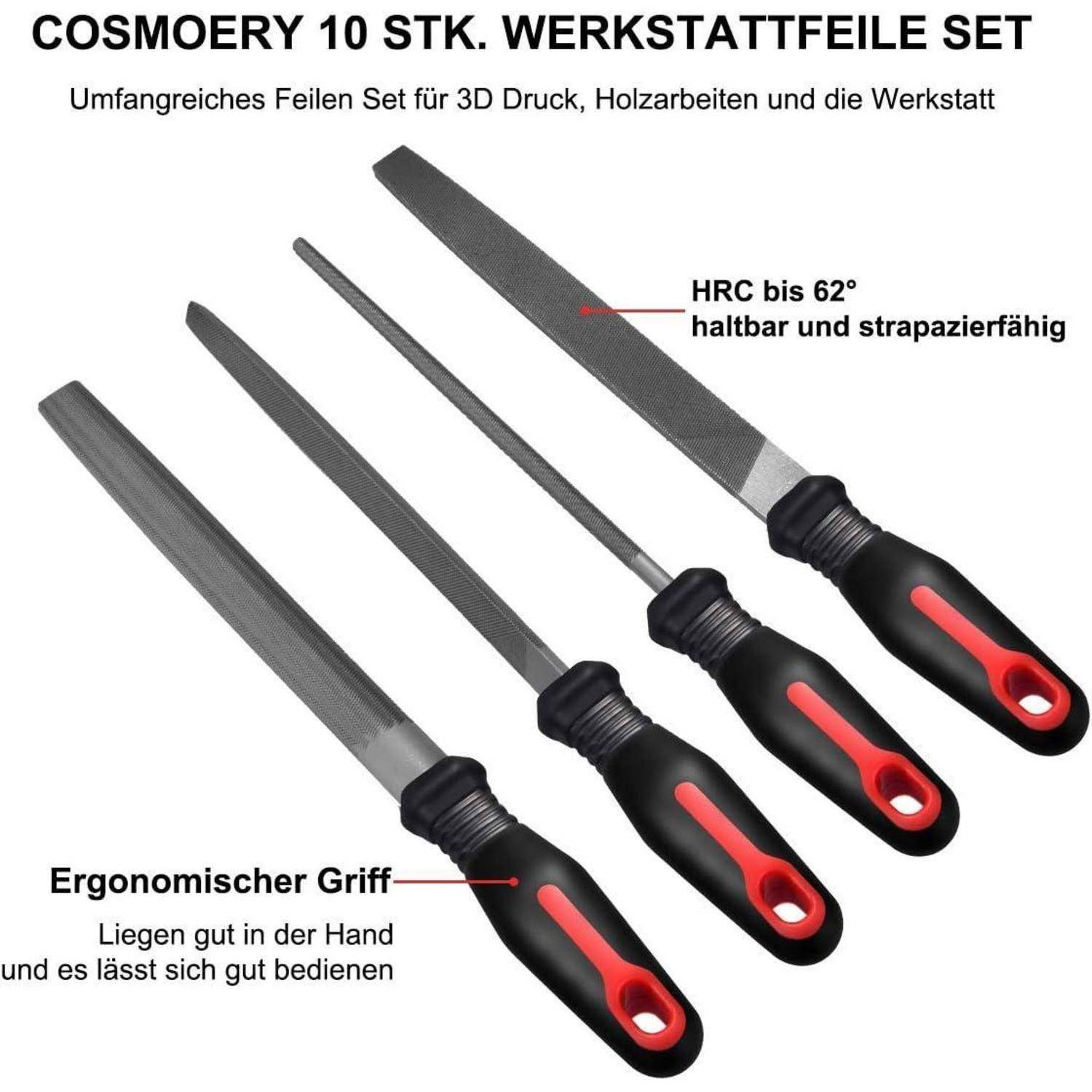 Satz von vier Werkstattdateien mit schwarzen und roten ergonomischen Griffen, gekennzeichnet mit 'HRC bis 62° haltbar und strapazierfähig', geeignet für 3D-Druck und Holzbearbeitung.