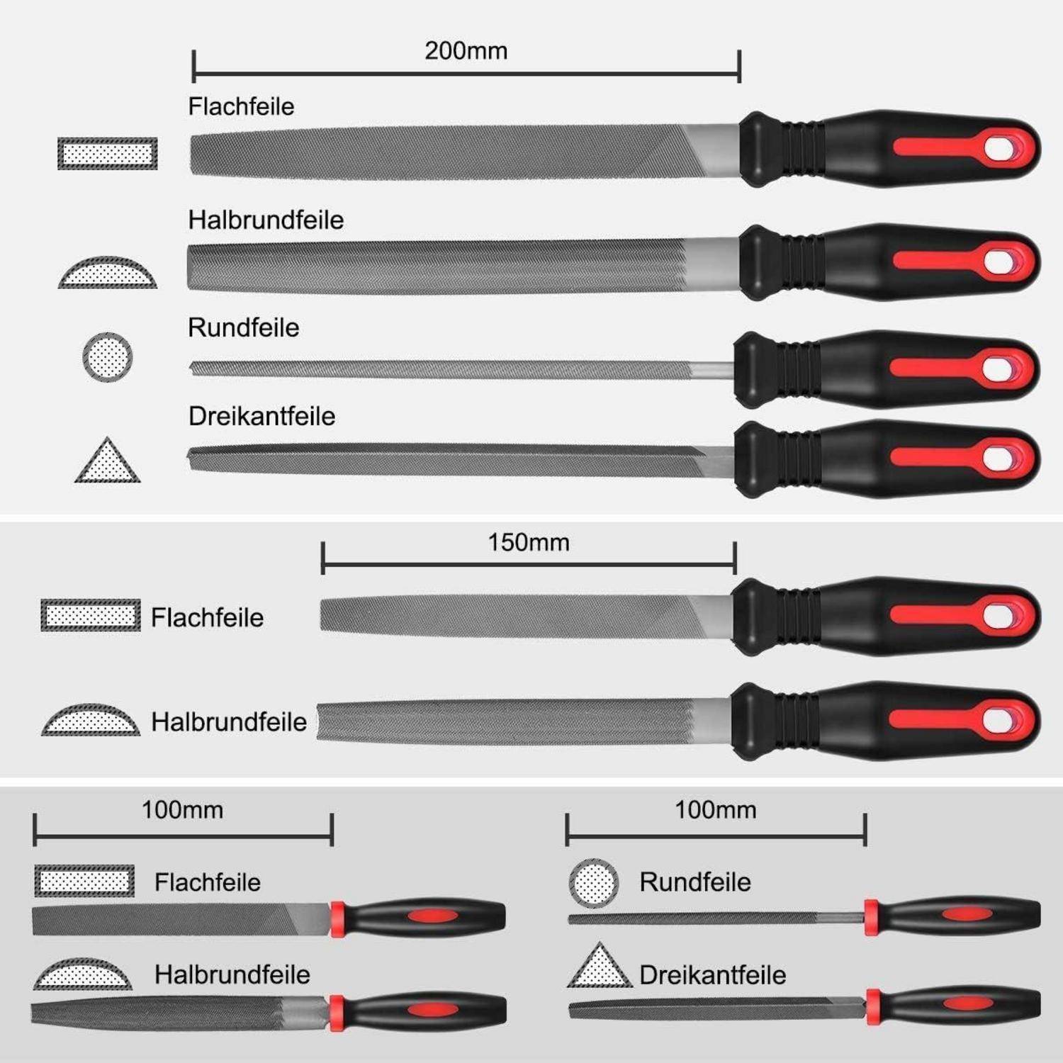 Darstellung von drei Feiletypen: Flachfeile, Halbrundfeile, Rundfeile und Dreikantfeile mit entsprechenden Längen von 200mm, 150mm und 100mm sowie Querschnittsformen.
