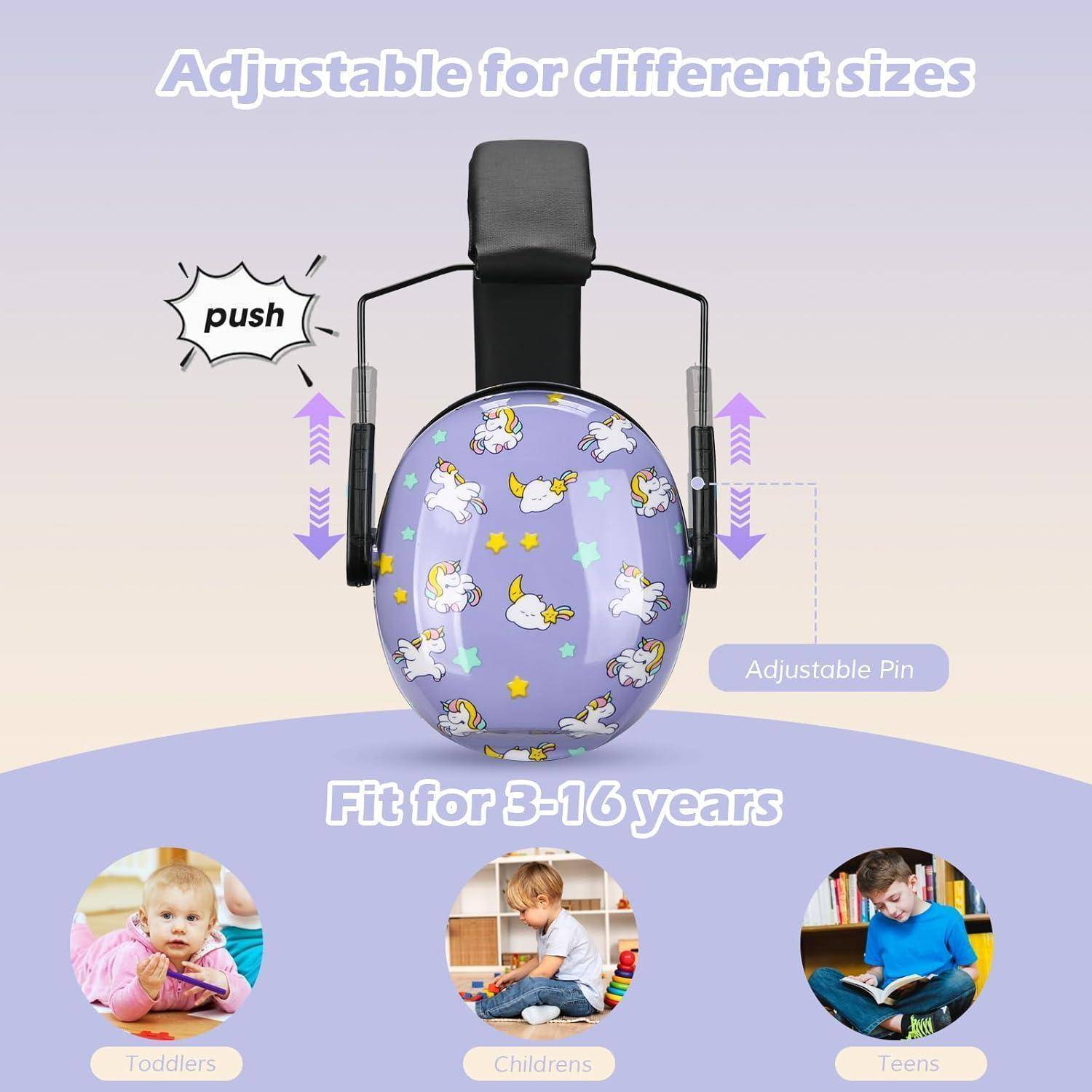 Verstellbare Ohrenschützer für 3-16 Jahre mit Druckknopf und verstellbarer Befestigung, zeigt Designs für Kleinkinder, Kinder und Jugendliche.