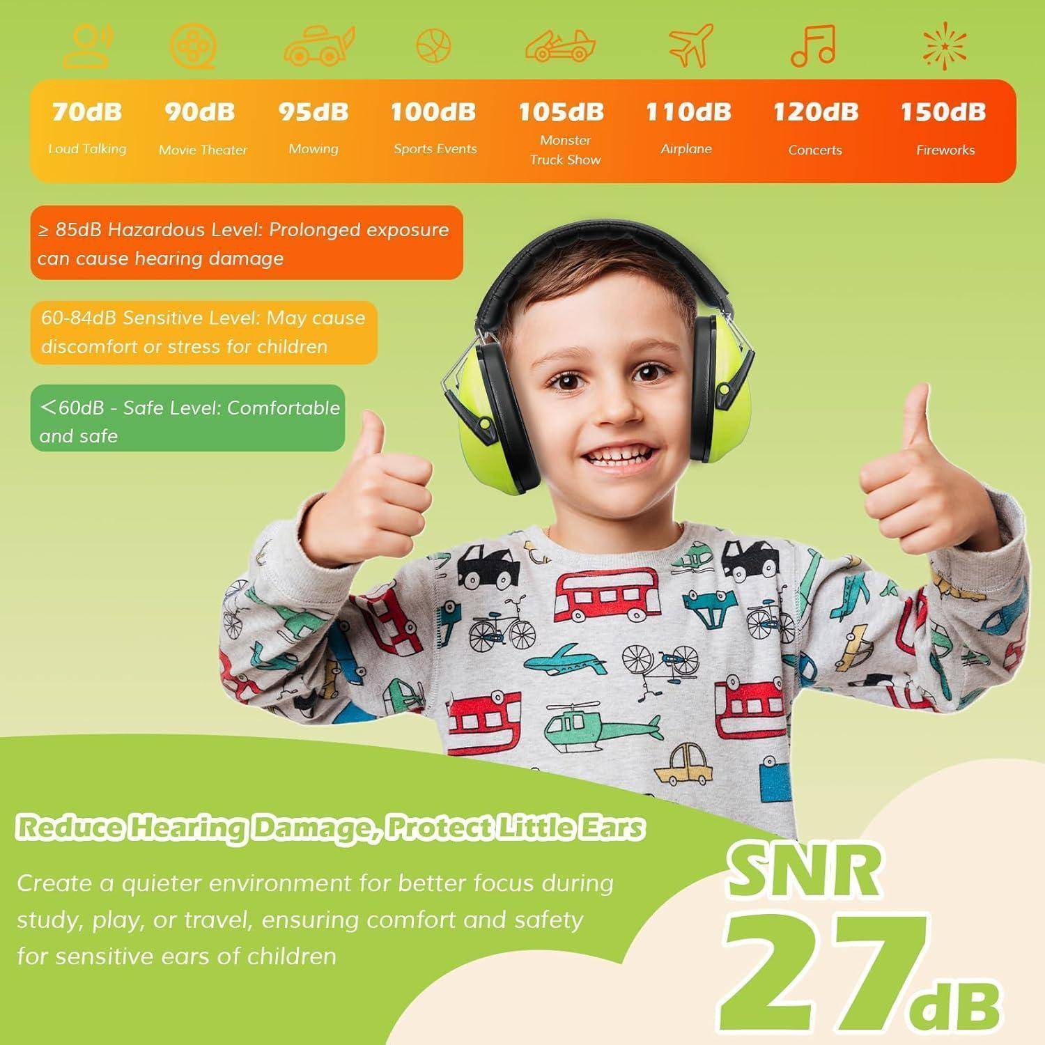 Ein Kind mit Kopfhörern und Daumen nach oben. Text 'Hörschäden reduzieren, kleine Ohren schützen. SNR 27 dB.' Hintergrund Lärmpegeldiagramm.