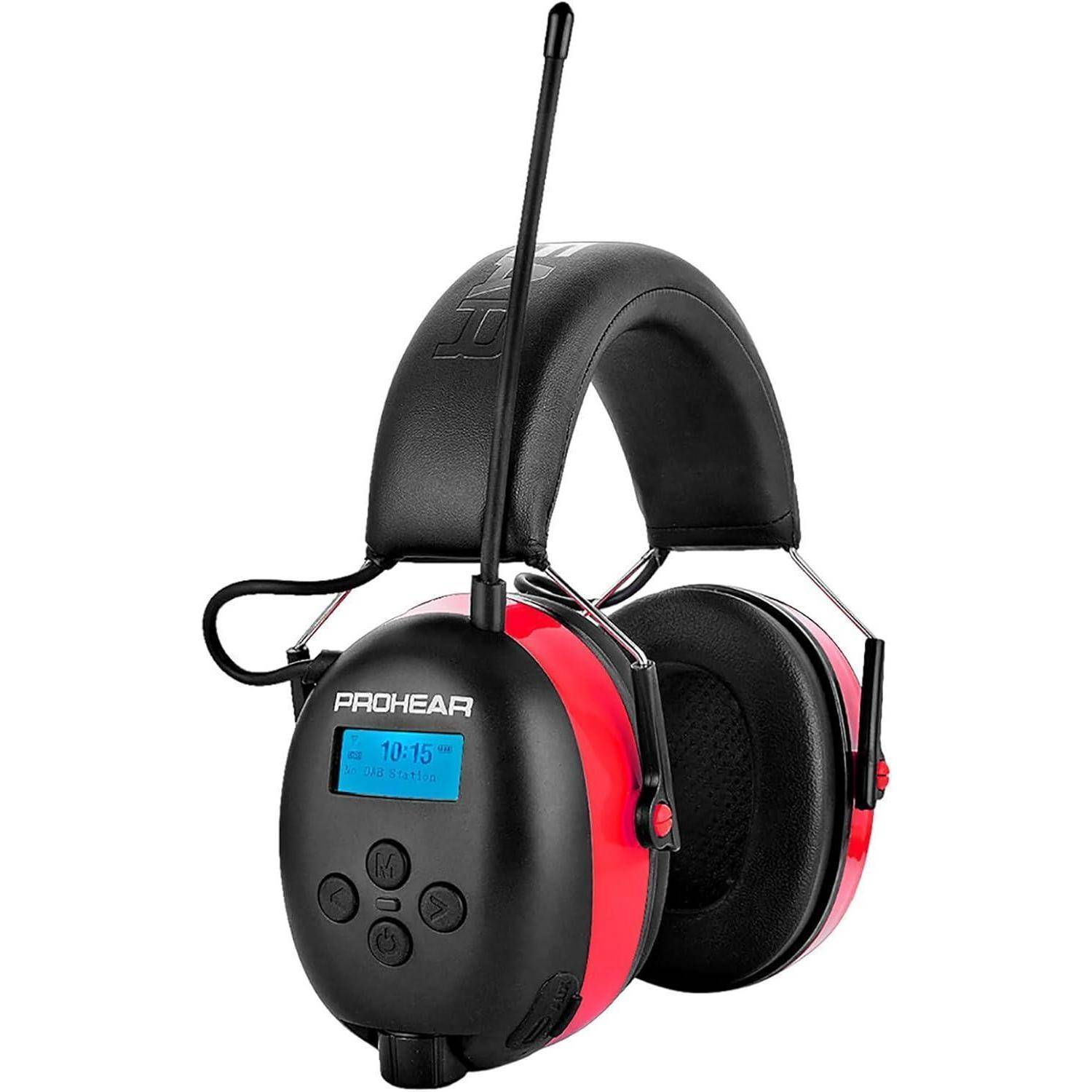 Schwarze und rote Over-Ear-Kopfhörer mit einer Antenne und einem digitalen Display, das 'PROHEAR' zeigt, ausgestattet mit Bedienungstasten und gepolsterten Ohrmuscheln.