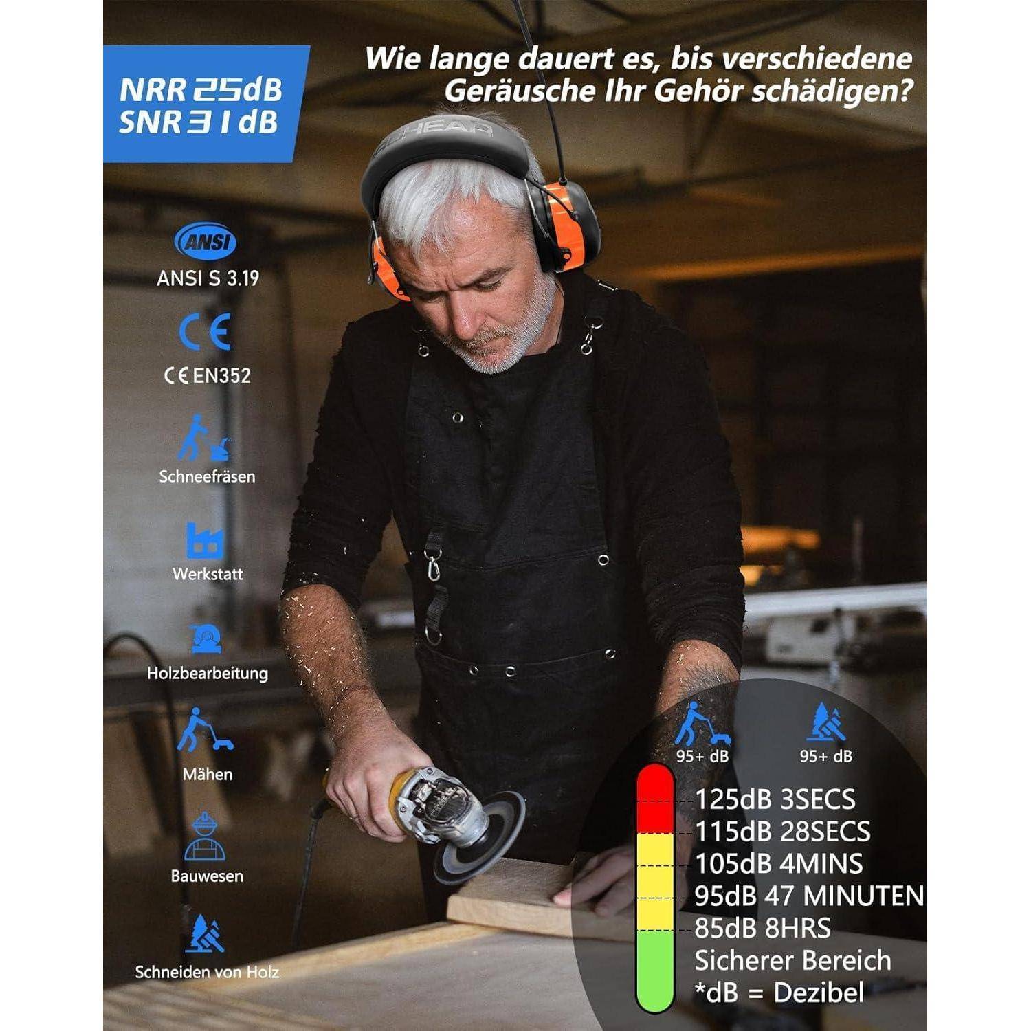 Ein Mann in einer Werkstatt verwendet ein Elektrowerkzeug mit Gehörschutz. Der Text zeigt Lärmpegel und Dauer für die Hörschutzsicherheit in Dezibel.