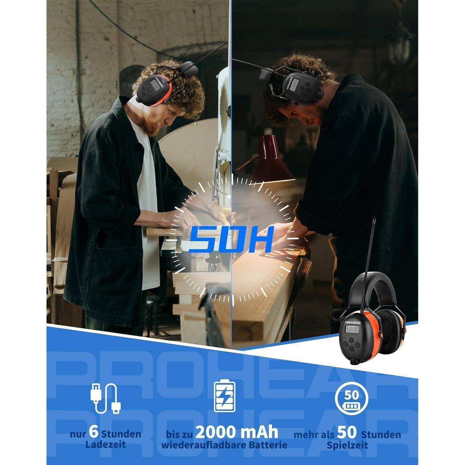 Zwei Männer in einer Werkstatt, die Gehörschutz tragen, während sie an Holzprojekten arbeiten. Der Text hebt eine Batterielaufzeit von 50 Stunden hervor und zeigt Symbole für Laden, Batteriekapazität und Spielzeit.
