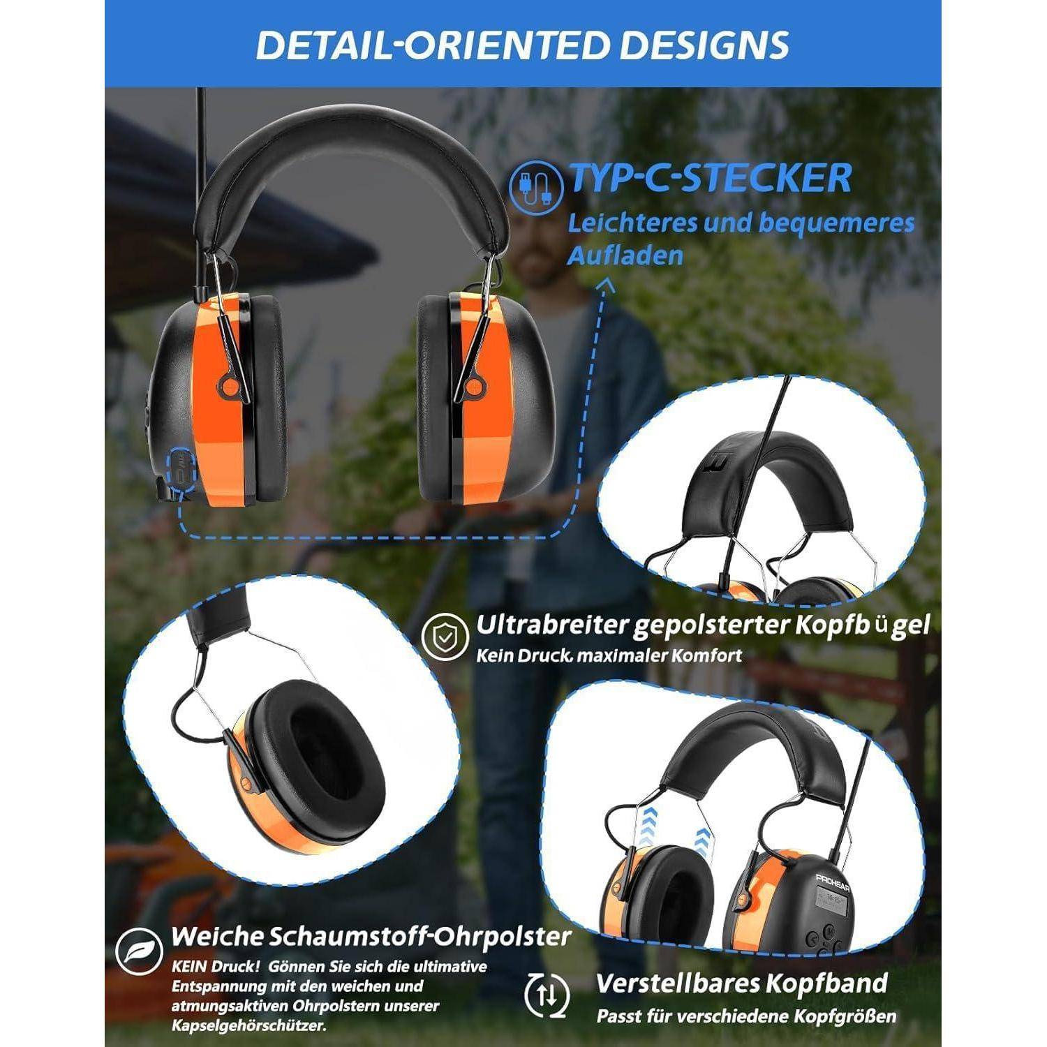 Kopfhörer mit orangefarbenen Akzenten; Type-C-Stecker, verstellbares gepolstertes Kopfband und weiche Schaumstoff-Ohrpolster für Komfort.