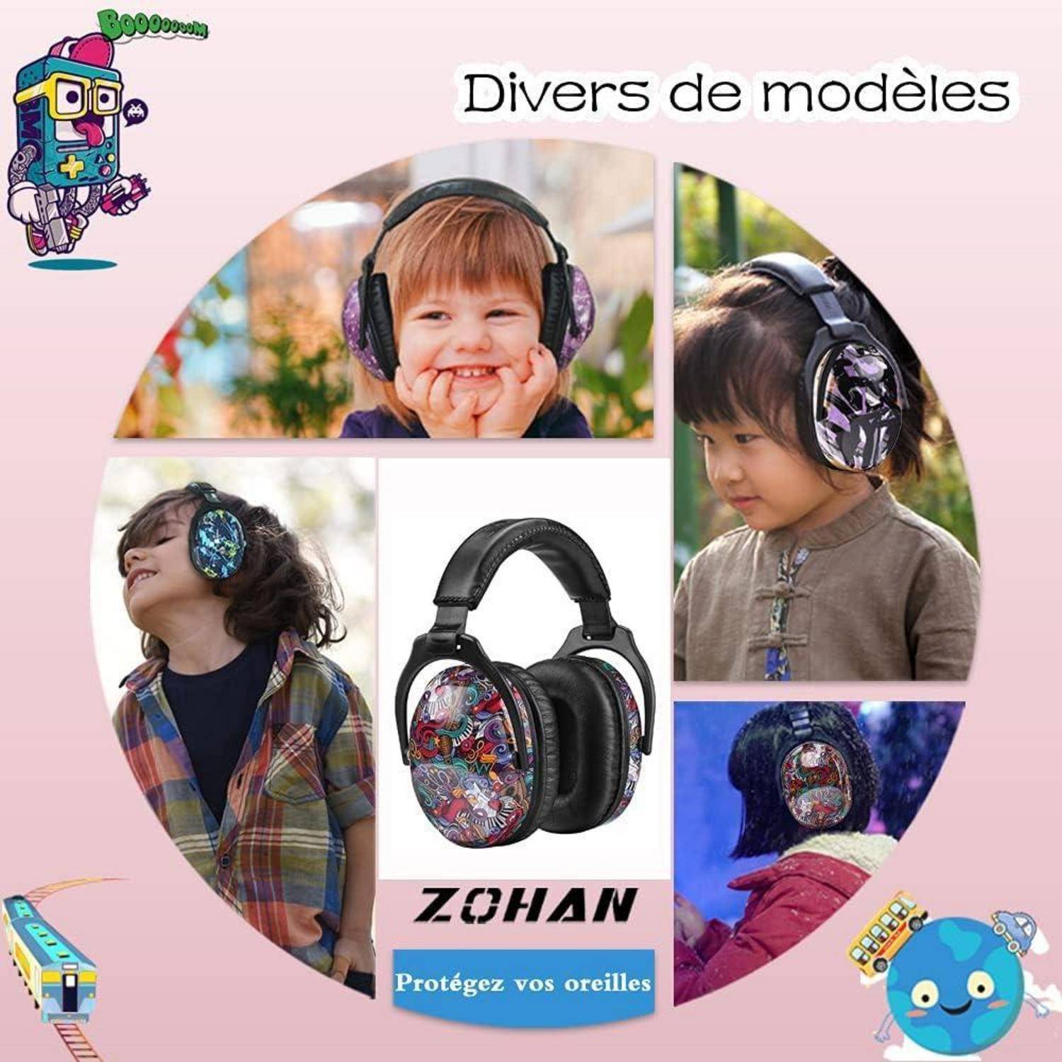 Collage von Kindern, die dekorative Gehörschutz-Kopfhörer tragen. Zeigt verschiedene Stile und Designs unter dem Titel 'Verschiedene Modelle'.