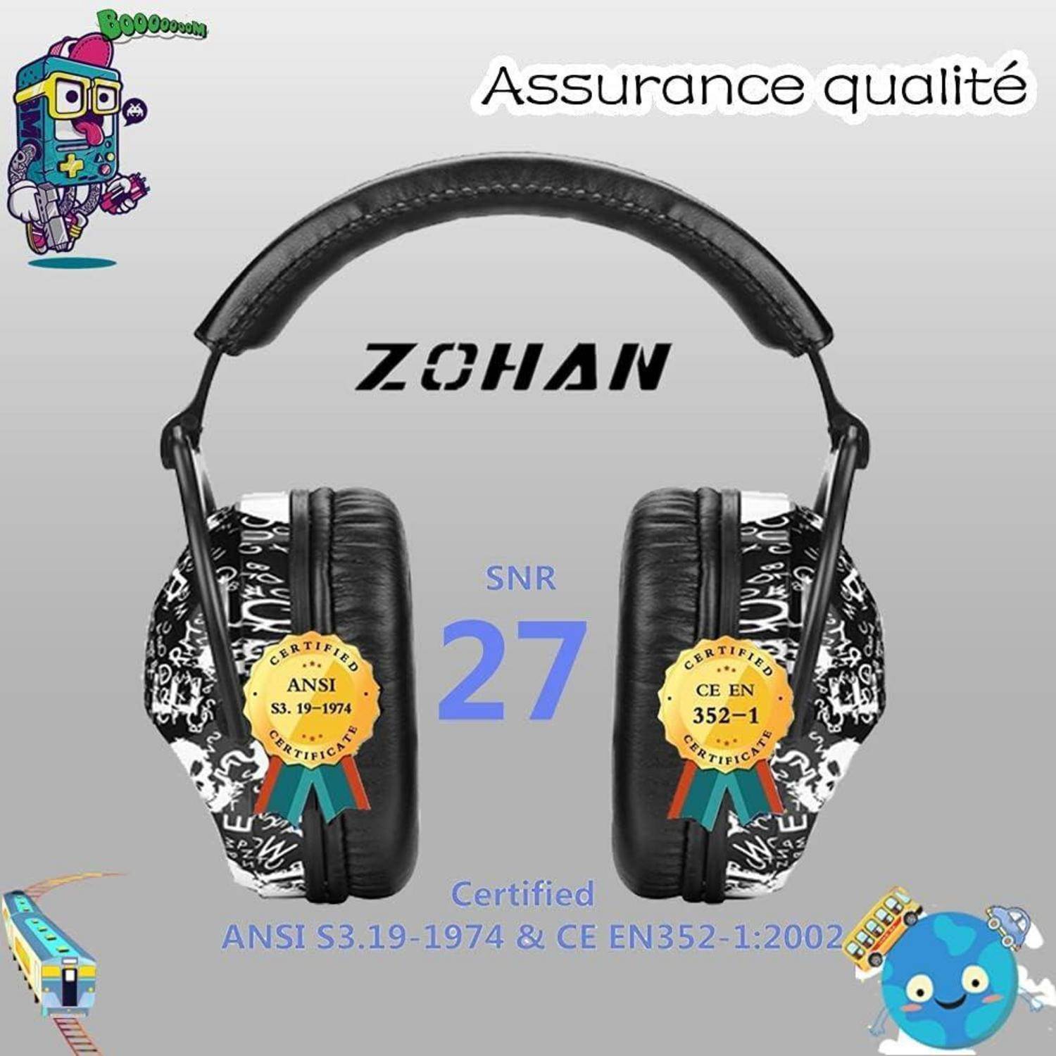 ZOHAN' Gehörschutz-Kapselgehörschützer mit Logos, zertifiziert nach ANSI S3.19-1974 & CE EN 352-1:2002, SNR 27, umgeben von Cartoon-Grafiken.
