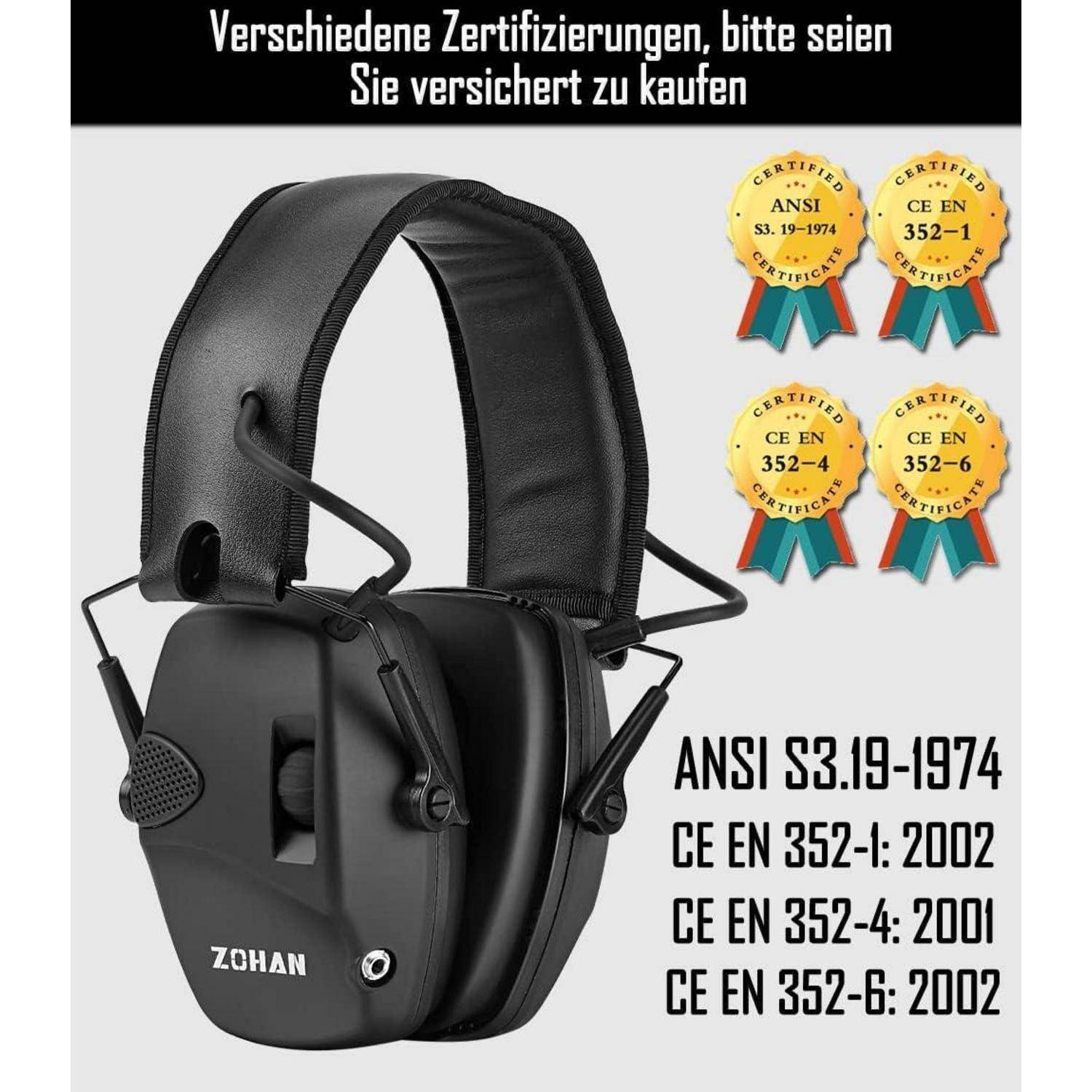 Schwarze Ohrenschützer mit Zertifizierungen: 'ANSI S3.19-1974', 'CE EN 352-1: 2002', 'CE EN 352-4: 2001', 'CE EN 352-6: 2002'. Deutscher Text: 'Verschiedene Zertifizierungen, bitte seien Sie versichert zu kaufen'.