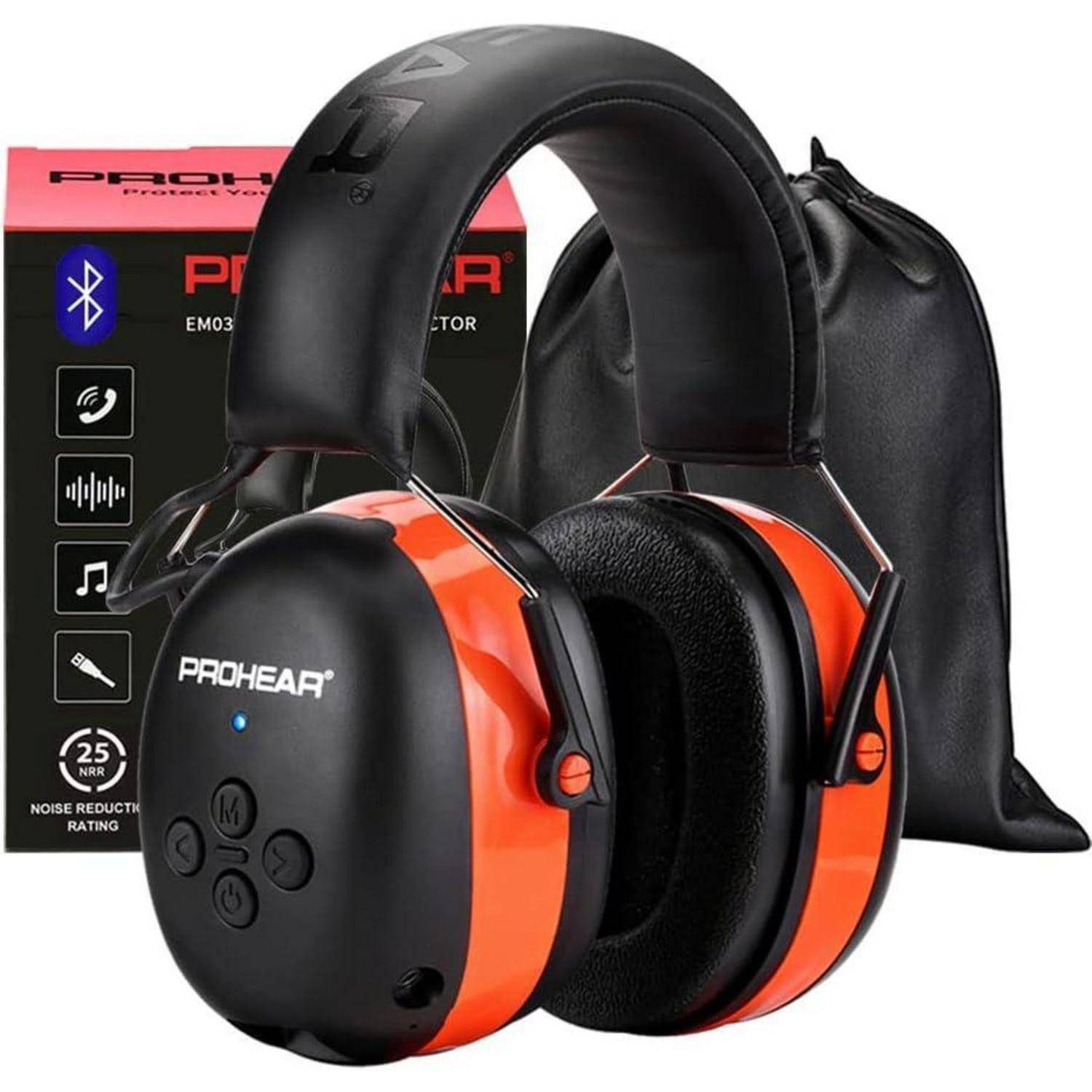 PROHEAR Noise-Cancelling-Kopfhörer mit Bluetooth, in schwarz und orange gestaltet. Inklusive Transportbeutel, dargestellt vor der Produktverpackung.