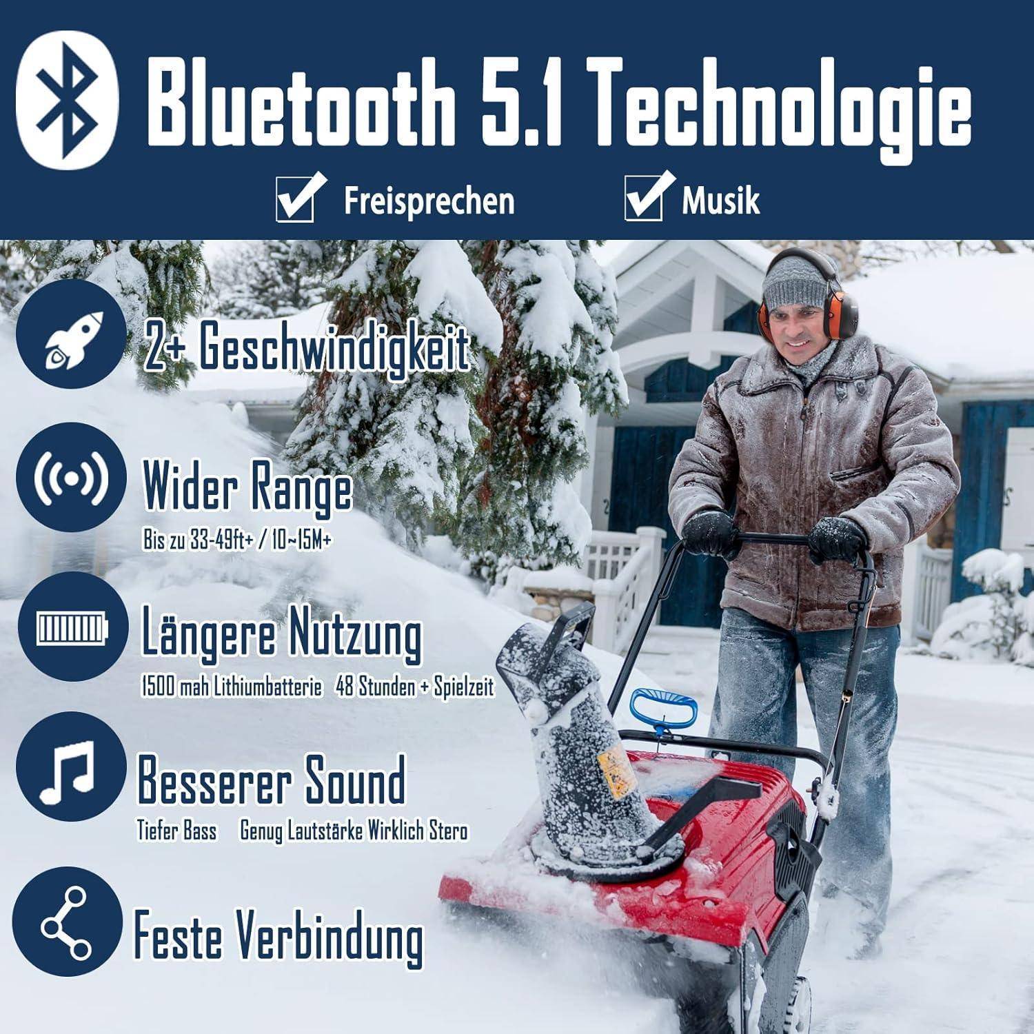 Mann räumt Schnee mit einem Schneefräser. Überlagerter Text: Die Funktionen der Bluetooth 5.1 Technologie umfassen Verbesserungen bei Geschwindigkeit, Reichweite und Akkulaufzeit.