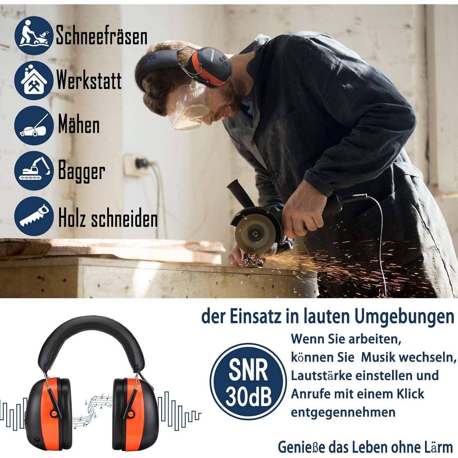 Eine Person in Schutzausrüstung verwendet eine Kreissäge an Holz. Icons links zeigen Aktivitäten: Schneefräsen, Werkstattaufgaben, Rasenmähen und Holzschneiden. Gehörschutz wird mit einem Text über dessen Vorteile hervorgehoben.