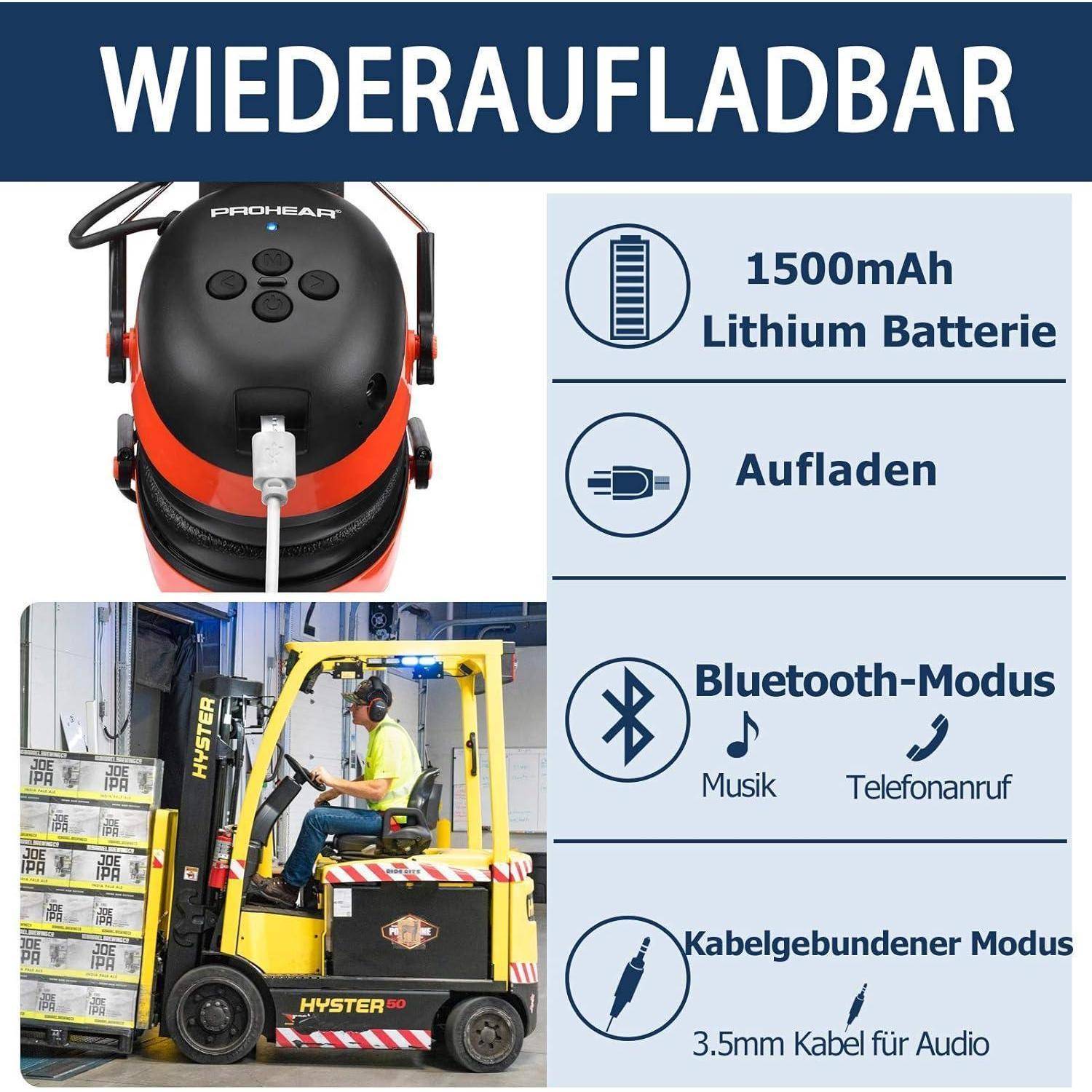 WIEDERAUFLADBAR' über Kopfhörerbild; '1500mAh Lithium-Batterie', 'Aufladen', 'Bluetooth-Modus: Musik, Telefonanruf', 'Kabelgebundener Modus: 3,5mm Kabel für Audio', Gabelstaplerfahrer mit Kopfhörern.
