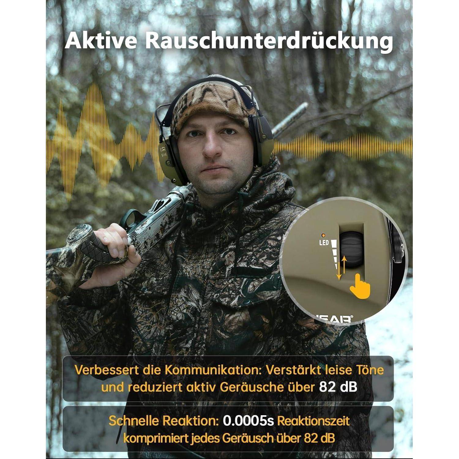 Eine Person in Tarnkleidung mit Kopfhörern; Text bewirbt Geräuschunterdrückung: 
