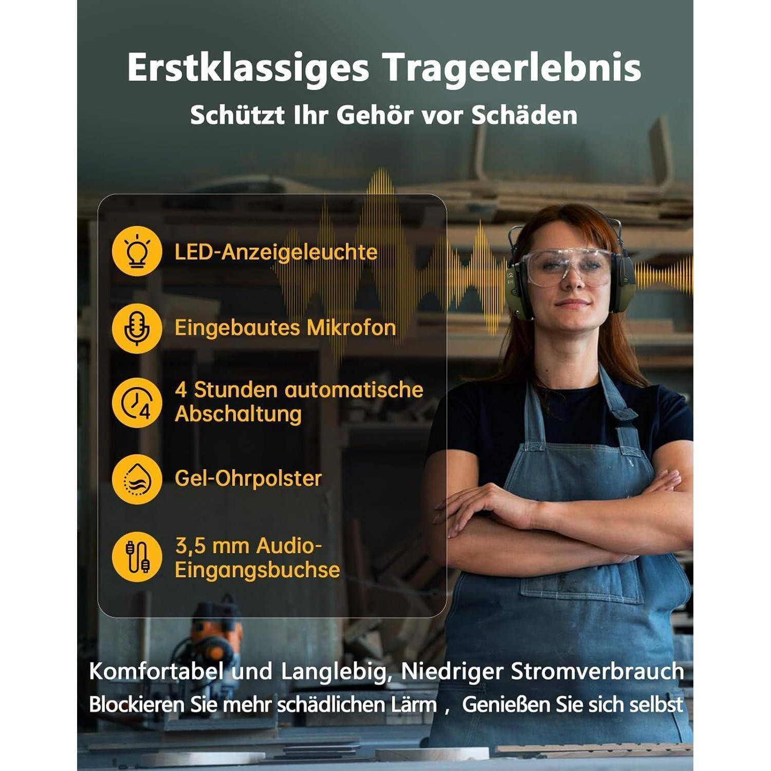 Eine Person trägt Schutzlärmschutzkopfhörer, mit Icons, die Eigenschaften hervorheben: LED-Anzeige, integriertes Mikrofon, 4-Stunden Lärmschutz, Gel-Polster, 3,5 mm Audioklinkenbuchse. Der Text betont Komfort und Haltbarkeit.