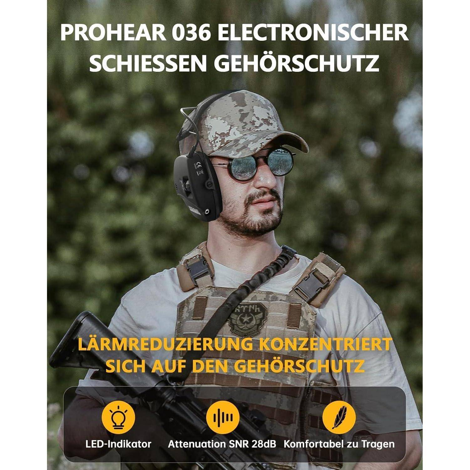 Mann mit militärischer Ausrüstung und Gehörschutz hält ein Gewehr. Text hebt die Eigenschaften des Prohear 036 Gehörschutzes hervor.
