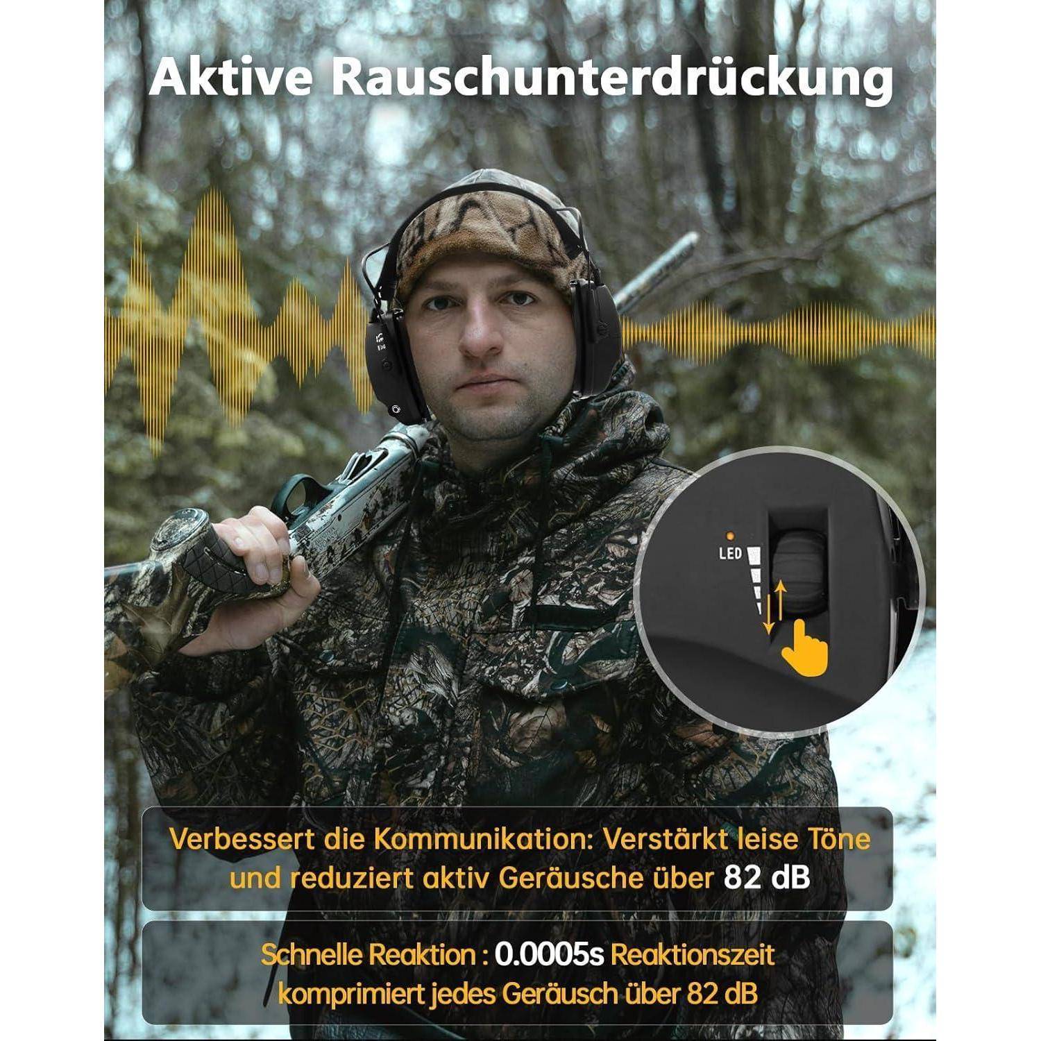 Ein Mann in Tarnkleidung mit Kopfhörern, der die aktive Geräuschunterdrückung demonstriert, mit einer visuellen Darstellung der Gerätesteuerung. Der Text besagt, dass er Geräusche über 82 dB reduziert.