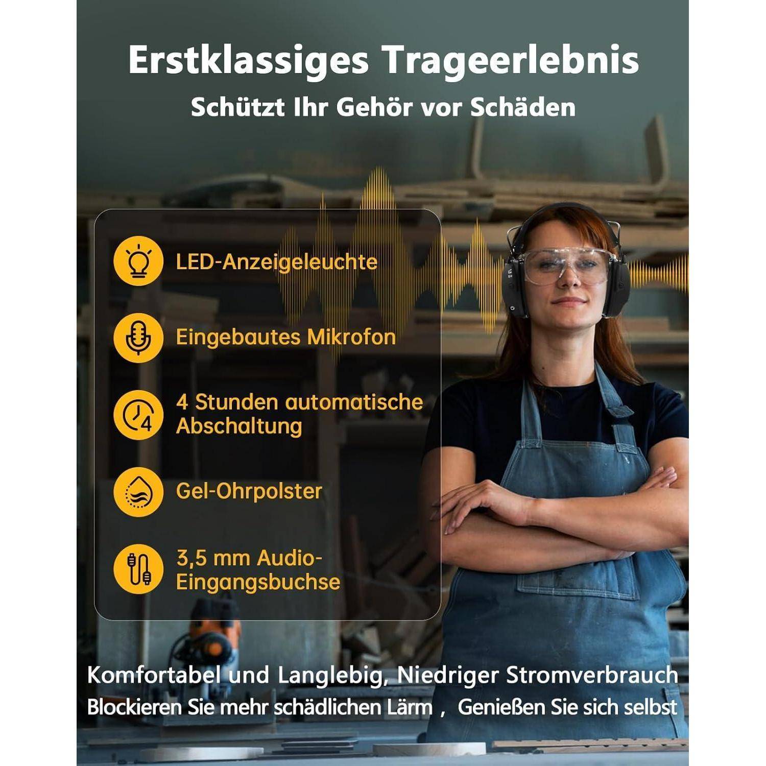Eine Frau steht selbstbewusst und trägt Schutzkopfhörer. Der Text bietet folgende Merkmale: LED-Display, integriertes Mikrofon, automatische Abschaltung nach 4 Stunden, Gel-Ohrpolster.
