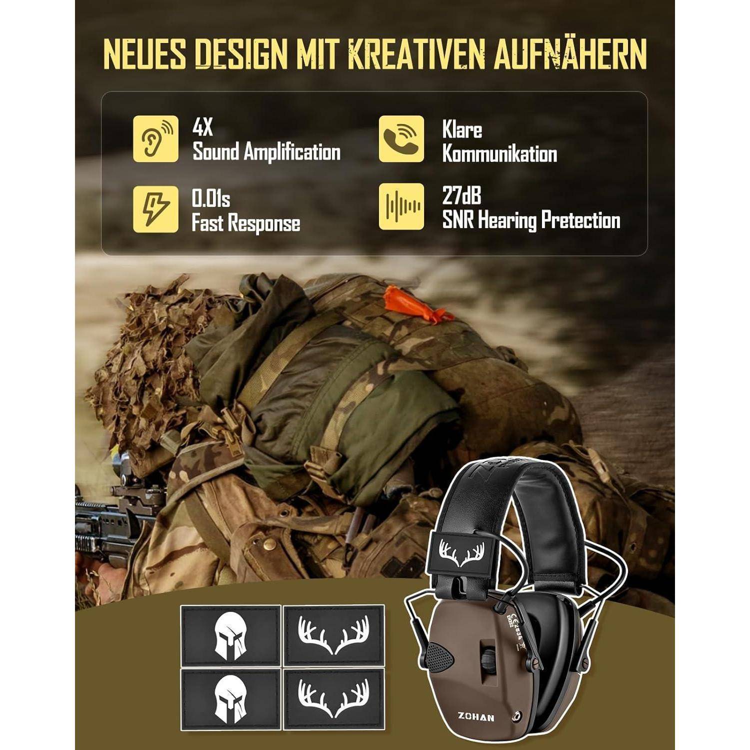 Ein Soldat in Tarnkleidung trägt ein Headset mit '4-facher Schallverstärkung', '0,01s schneller Reaktionszeit' und '27 dB Störgeräusch-Unterdrückung'.