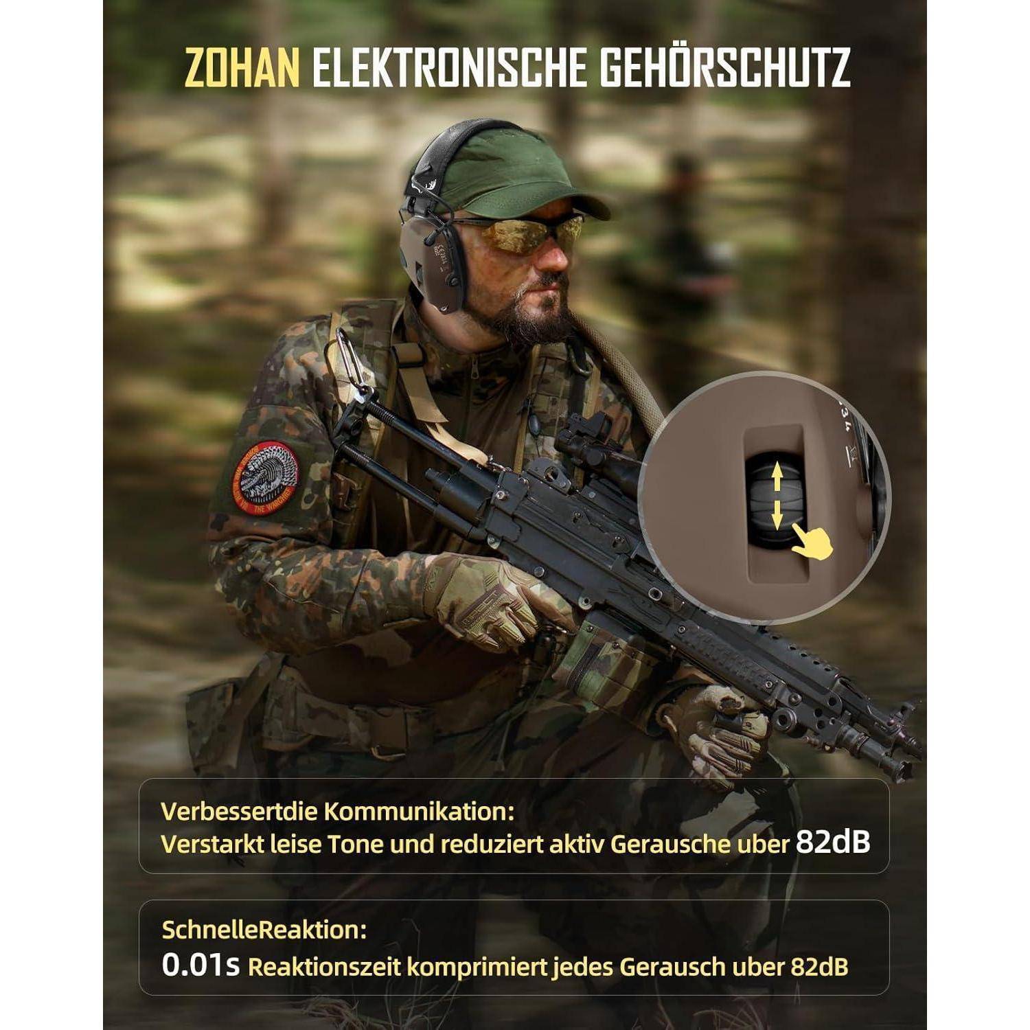 Eine Person in Tarnung hält ein Gewehr und trägt elektronischen Gehörschutz. Der Text hebt die Geräuschreduzierung über 82 dB und die schnelle Reaktionszeit hervor.