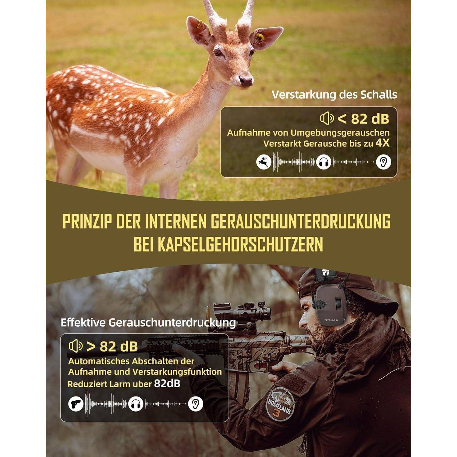 Ein Hirsch und ein Jäger mit Gehörschutz zeigen 
