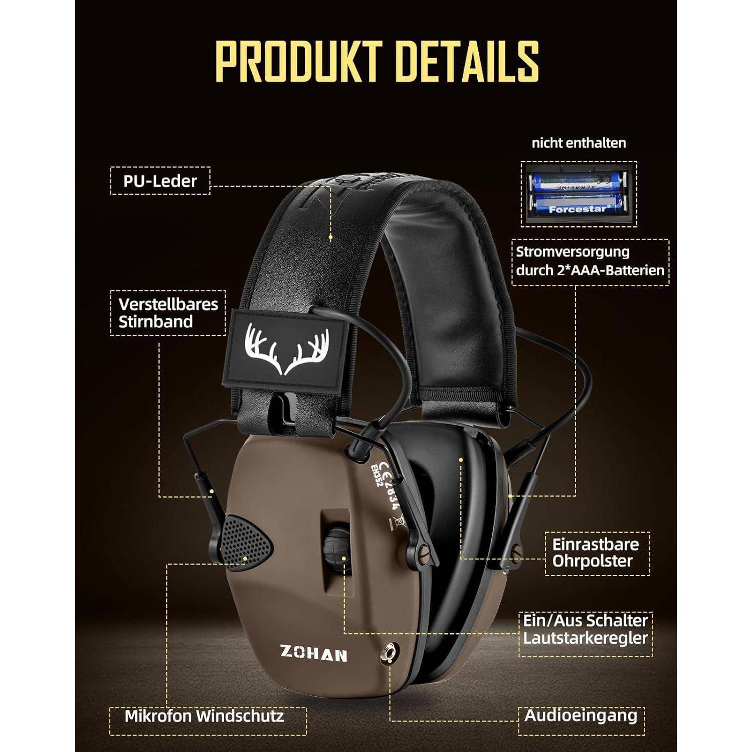 Gehörschutz-Headset mit verstellbarem Kopfbügel, PU-Leder, austauschbaren Ohrpolstern, Mikrofon, Ein-/Ausschalter, Audioeingang.