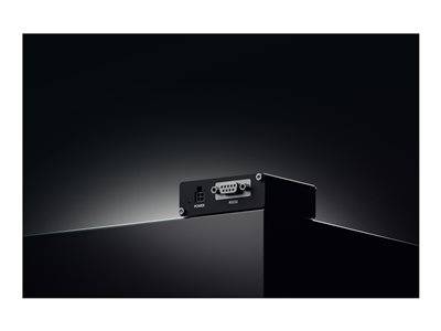 Ein kleines schwarzes rechteckiges elektronisches Gerät mit beschrifteten Anschlüssen ‚Power' und ‚RS232' auf schwarzem Hintergrund.