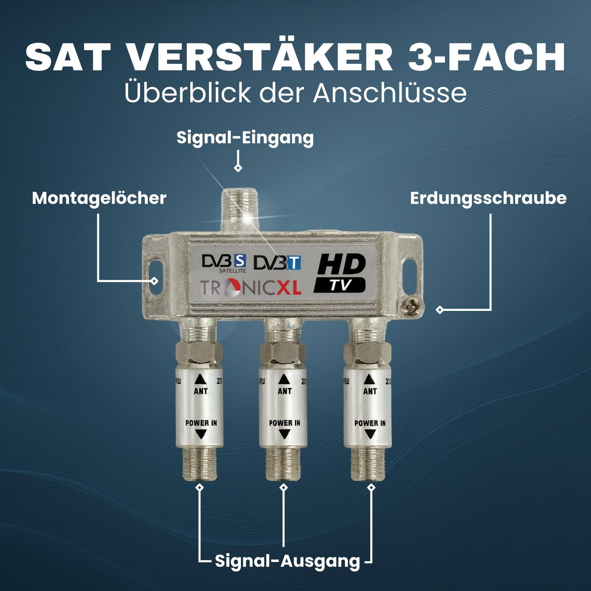 3-fach Sat Splitter 60dB Verstärker I Antennenverteiler Weiche DVB-S2 DVB-T2 Weiche mit Antennenverstärker für 3D 4K HDTV