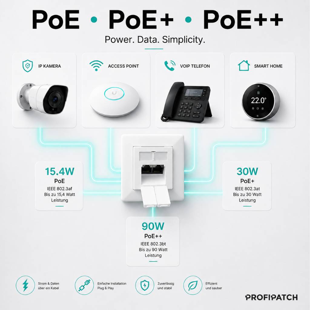 Infografik zum Vergleich von PoE, PoE+ und PoE++ für die Stromversorgung von Geräten: IP-Kamera, Zugangspunkt, VoIP-Telefon und intelligentes Raumthermostat mit Leistungsabgaben von 15,4W, 30W und 90W.