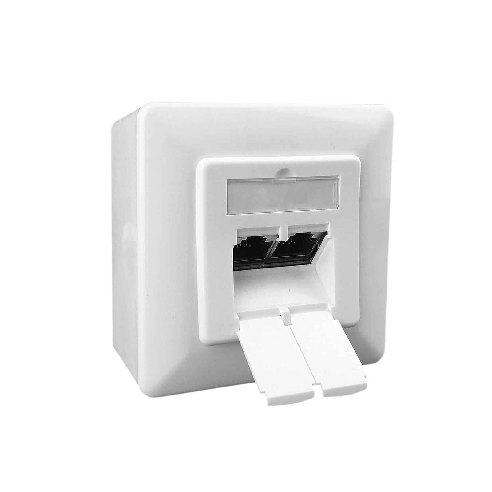 ProfiPatch Netzwerkdose LAN Dose Cat6A 500MHz Aufputz und Unterputz 2x RJ45 Port Anschluss oben/unten POE CAT7,CAT6A,CAT6,CAT5 geschirmt weiß