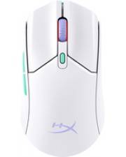 Eine weiße Gaming-Maus mit Scrollrad und LED-Lichtakzenten, mit einem ergonomischen Design und einem Logo am unteren Ende.