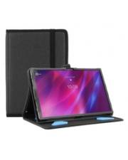 Eine schwarze Tablet-Hülle mit einem Ständer zum Aufklappen, der einen Tablet-Bildschirm mit einem lebendigen rosa abstrakten Hintergrund präsentiert.