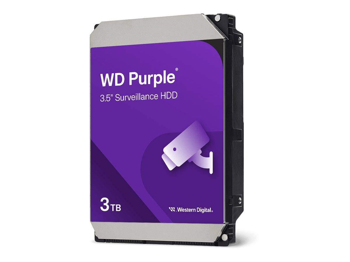 WD Purple 3,5-Zoll-Überwachungsfestplatte, 3 TB Kapazität, in violetter Western Digital-Verpackung gezeigt