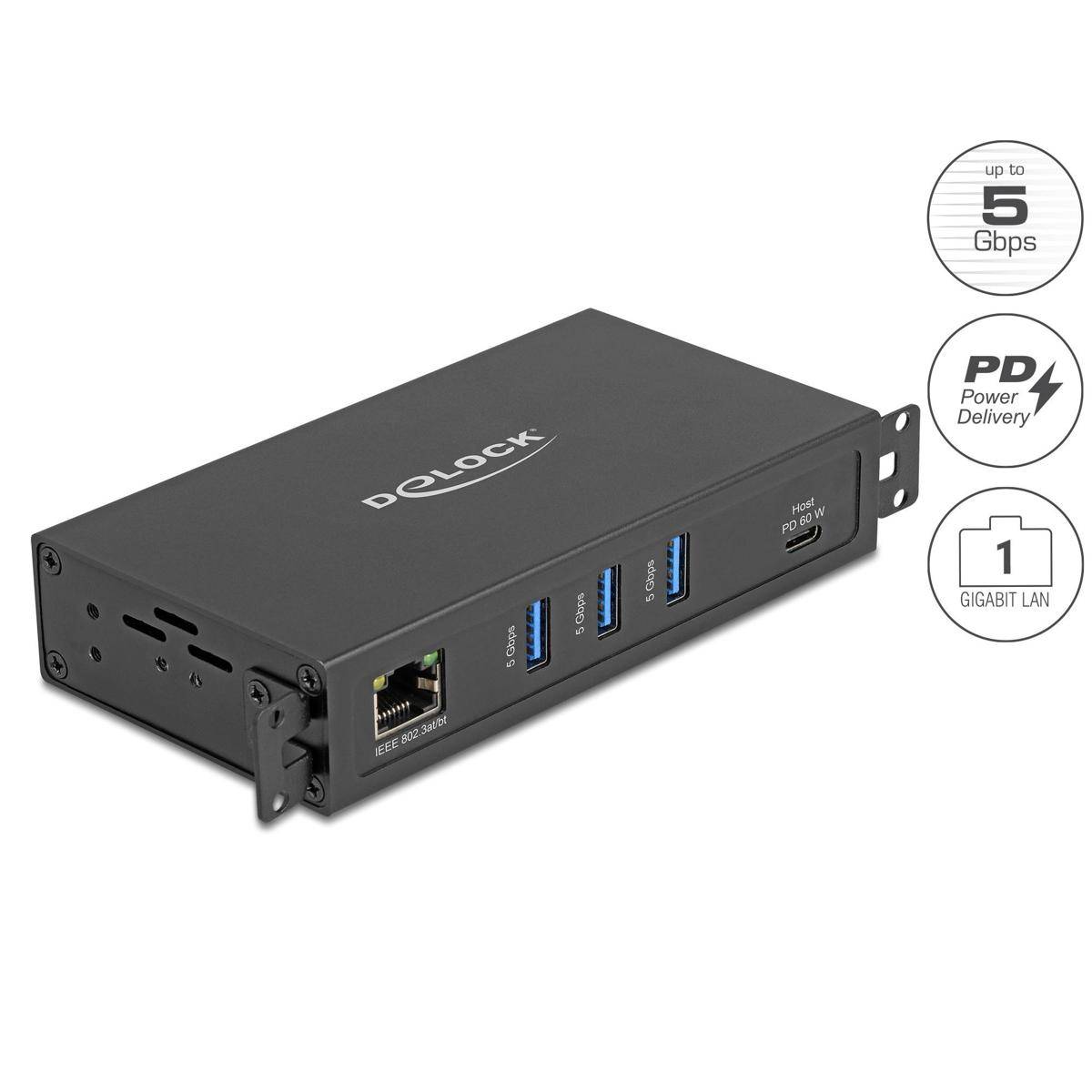 64336 - Delock 3 Port USB 5 Gbps Hub + RJ45 Gigabit LAN PoE++ Port mit USB Type-C™ Host-Anschluss im Metallgehäuse und 1,5 kV Isolation