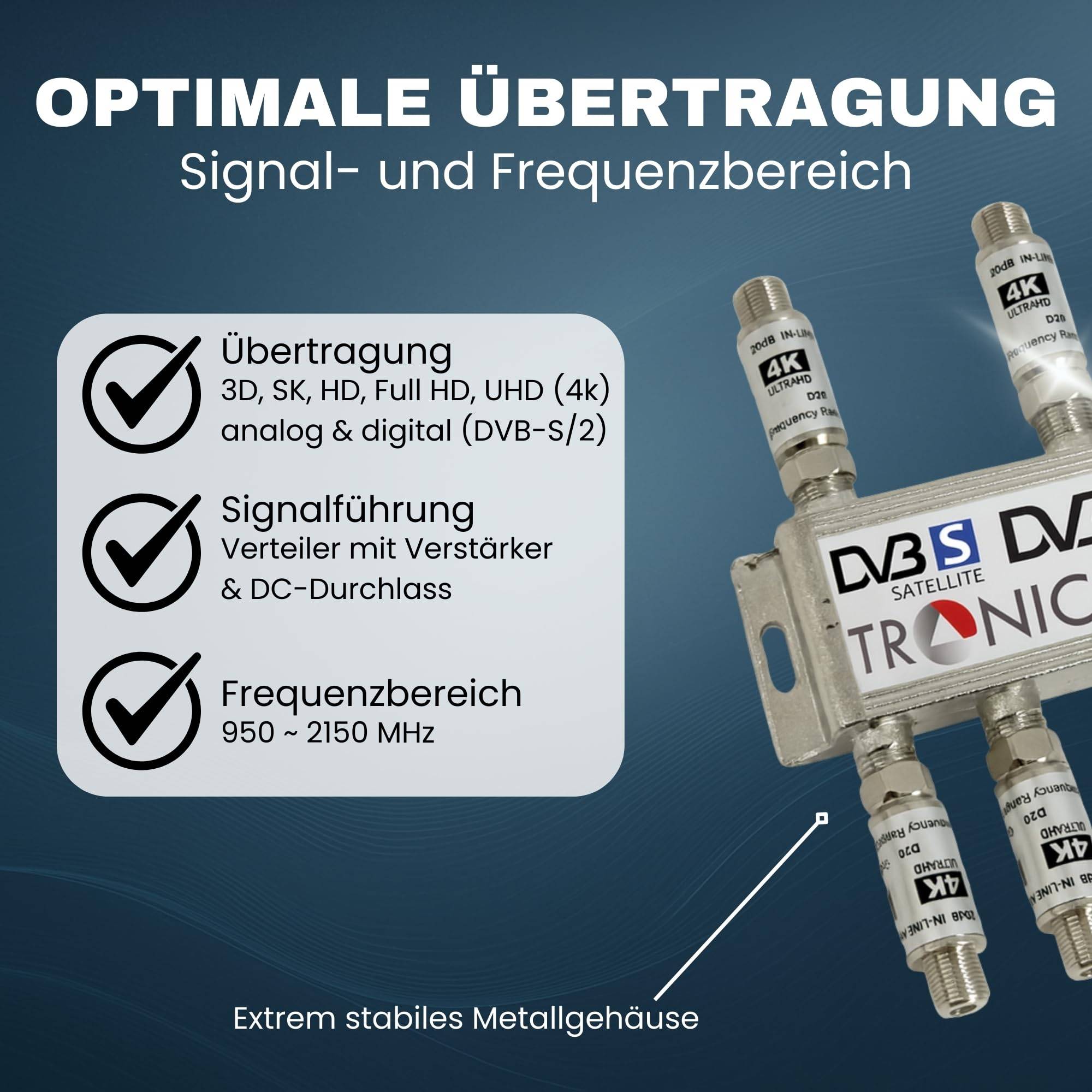 6-fach Sat Splitter 120dB Verstärker I Antennenverteiler Weiche DVB-S2 DVB-T2 Weiche mit Antennenverstärker für 3D 4K HDTV Signalverstärker für g