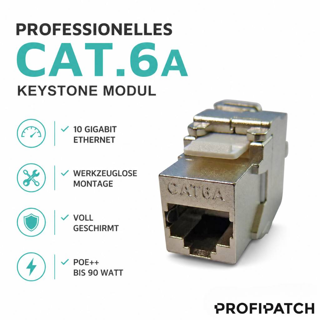 Werbebild eines PROFIPATCH CAT.6A Keystone-Moduls, das eine metallische Ethernet-Buchse und folgende Funktionen zeigt: 10-Gigabit-Ethernet, werkzeuglose Installation, vollständig geschirmt und PoE++ bis zu 90 Watt.