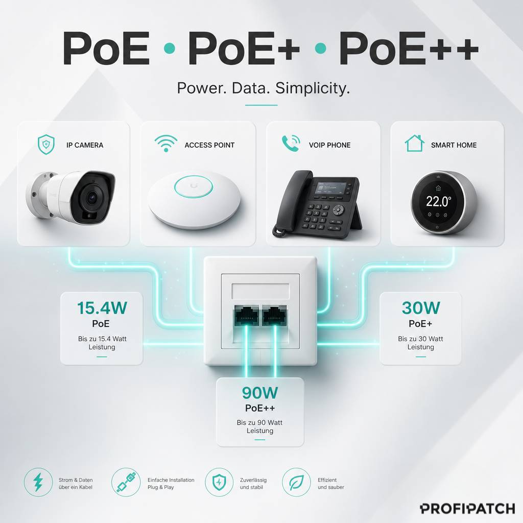 Infografik zeigt PoE, PoE+ und PoE++ zur Stromversorgung von IP-Kameras, Zugangspunkten, VoIP-Telefonen und Smart-Home-Geräten mit Leistungsstufen von 15,4W, 30W und 90W.