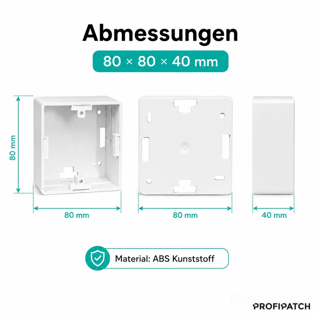 Produktabmessungsdiagramm für eine weiße ABS-Kunststoffbox: 80 × 80 × 40 mm, mit Vorder-, Rück- und Seitenansichten mit 80 mm Höhe und Breite, 40 mm Tiefe.