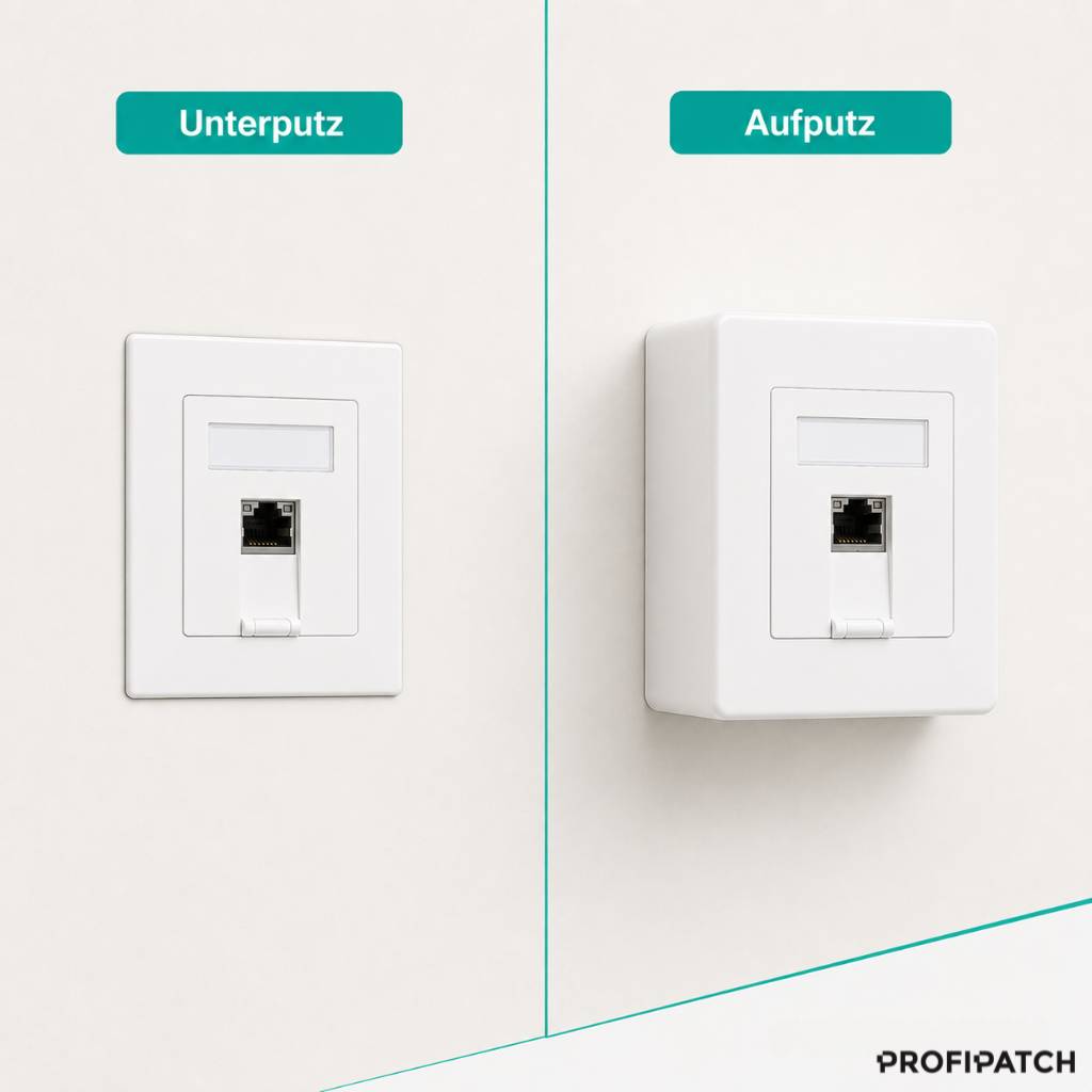 Vergleichsgrafik von Ethernet-Wanddosen: 'Unterputz'-Einbauplatte links und 'Aufputz'-Aufputzkasten rechts.