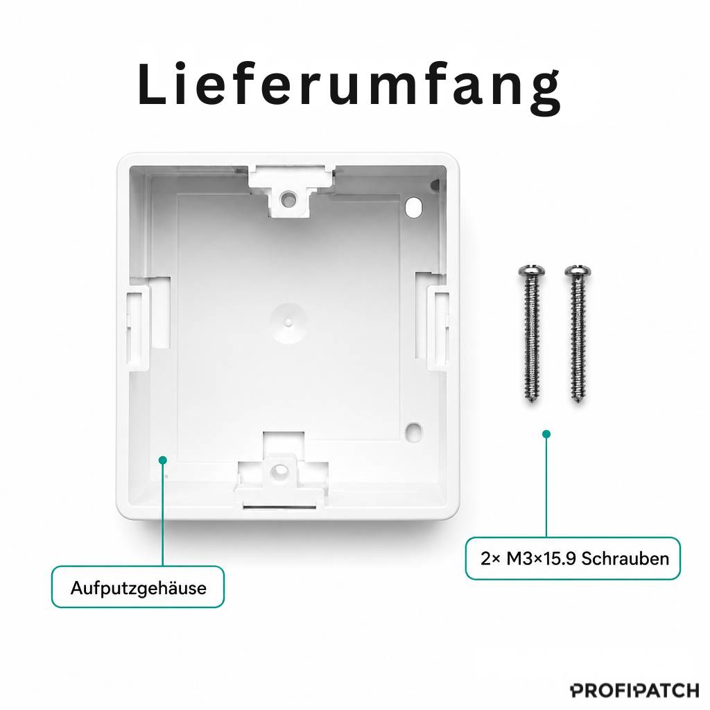 Produktinhalt dargestellt: weißes Aufputzgehäuse und 2 M3x15.9 Schrauben, gekennzeichnet mit den deutschen Bezeichnungen „Aufputzgehäuse" und „2× M3×15.9 Schrauben"".
