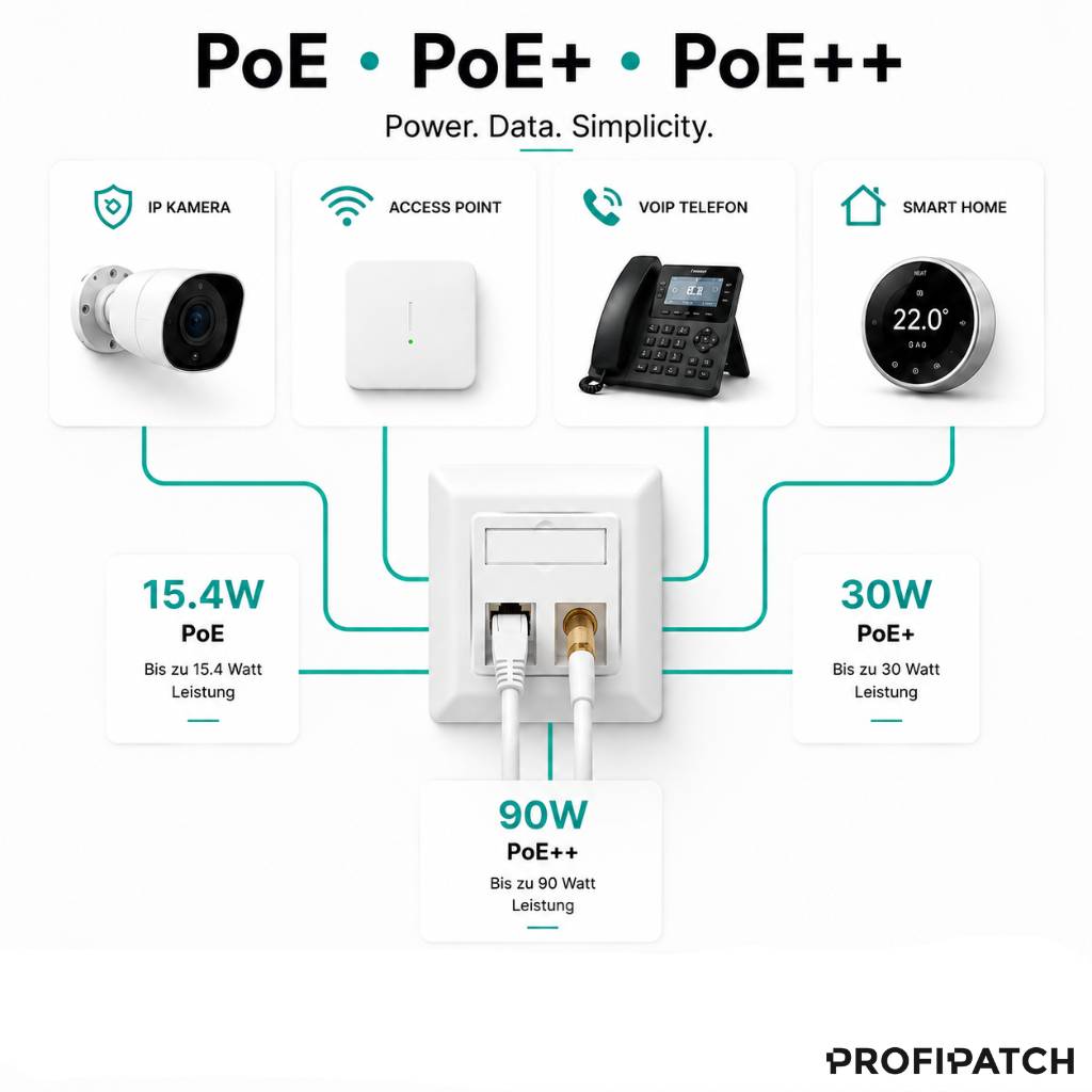 Infografik zum Vergleich der PoE-, PoE+- und PoE++-Leistungsstufen: 15,4W, 30W und 90W für IP-Kamera, Access Point, VoIP-Telefon und Smart-Home-Geräte.