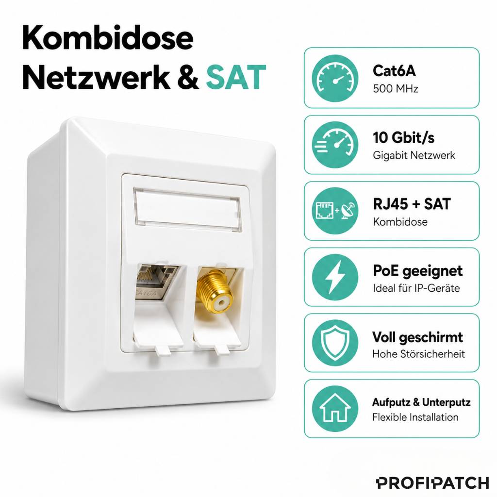 Produktbild einer weißen Wandsteckdose, die RJ45-Netzwerk- und SAT-Koaxialanschlüsse kombiniert, gekennzeichnet mit Cat6A, 10 Gbit/s, PoE-ready, geschirmt und oberflächenoder unterputz montierbar.