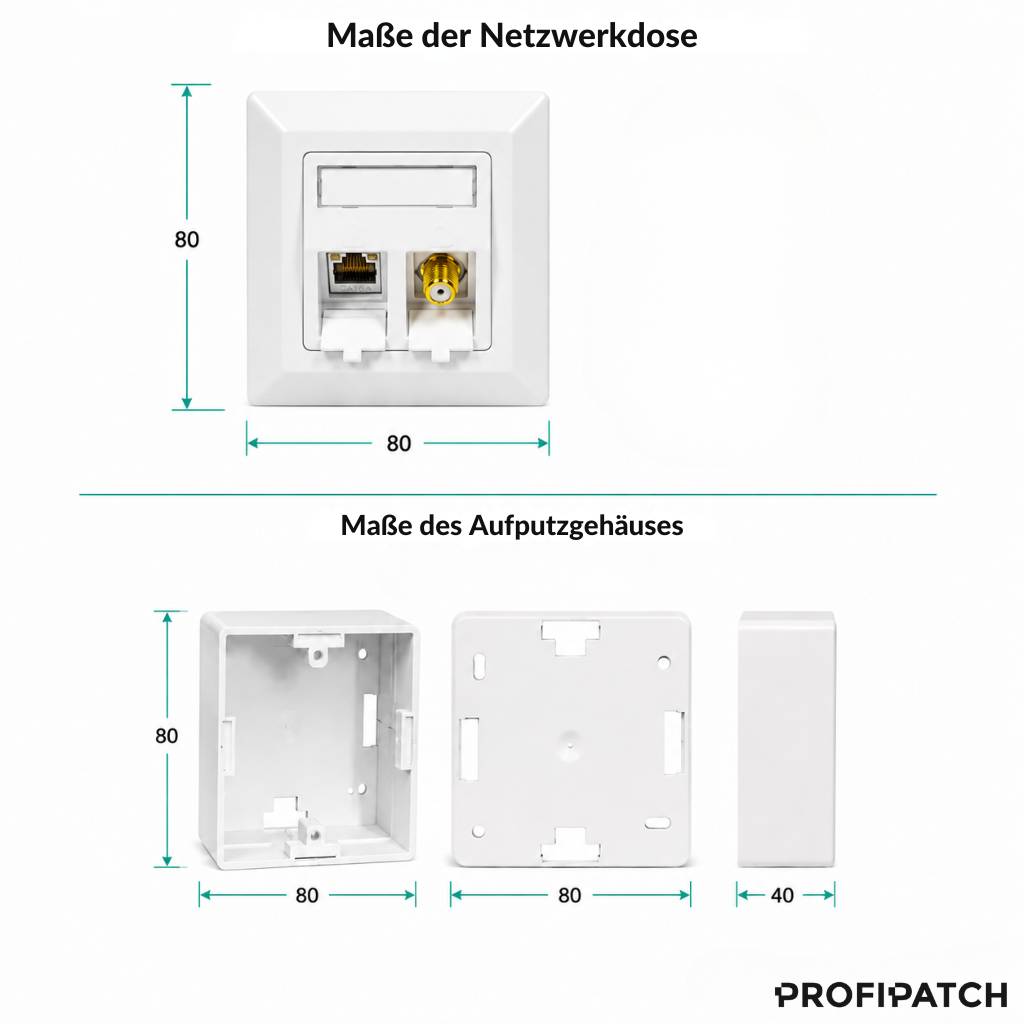 Diagramm einer weißen Netzwerkwandsteckdose und Oberflächenmontagegehäuse mit Abmessungen: Steckdose 80 x 80 und Gehäuse 80 x 80 x 40 mm.