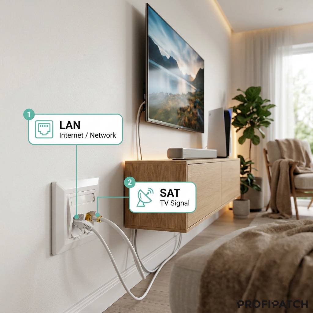 Wandmontierte Medienanlage mit beschrifteten LAN-Internet-/Netzwerk- und SAT-TV-Signalwandanschlüssen, die durch Kabel mit einem Fernseher und einer Kommode in einem Wohnzimmer verbunden sind.