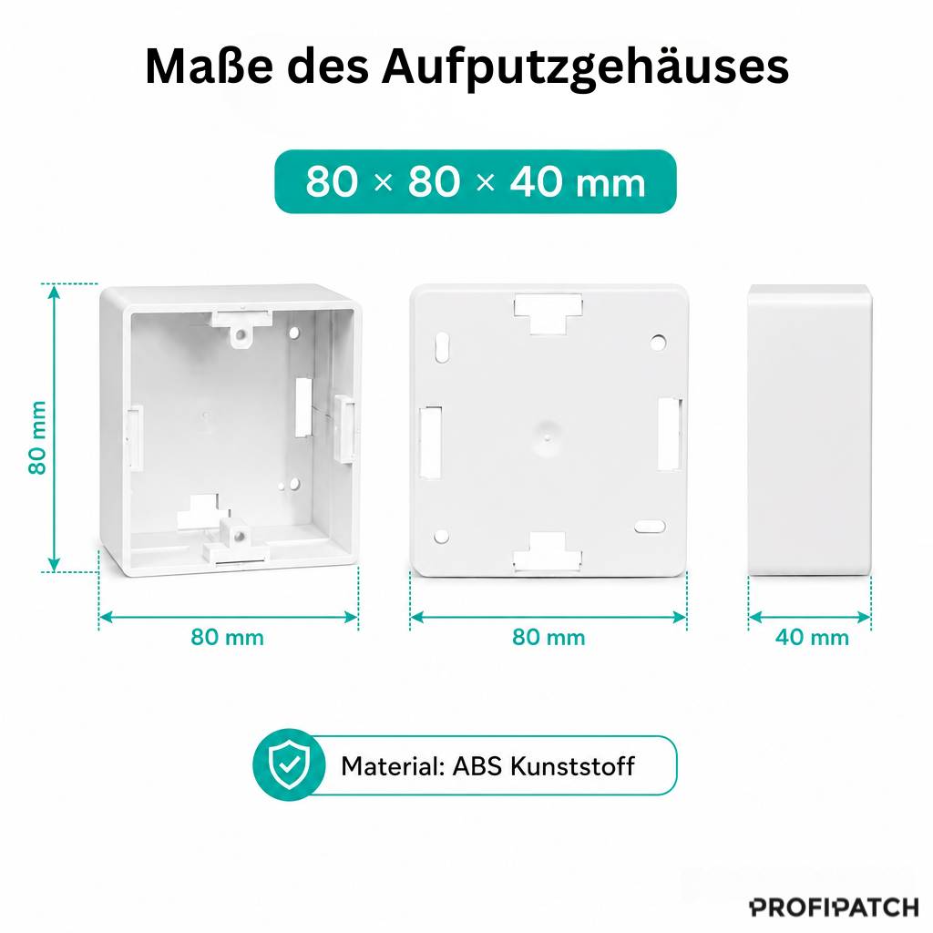 Diagramm mit den Abmessungen des Gehäuses: 80 x 80 x 40 mm, hergestellt aus ABS-Kunststoff, mit gekennzeichneten Vorder-, Rück- und Seitenansichten mit den Abmessungen 80 mm und 40 mm.